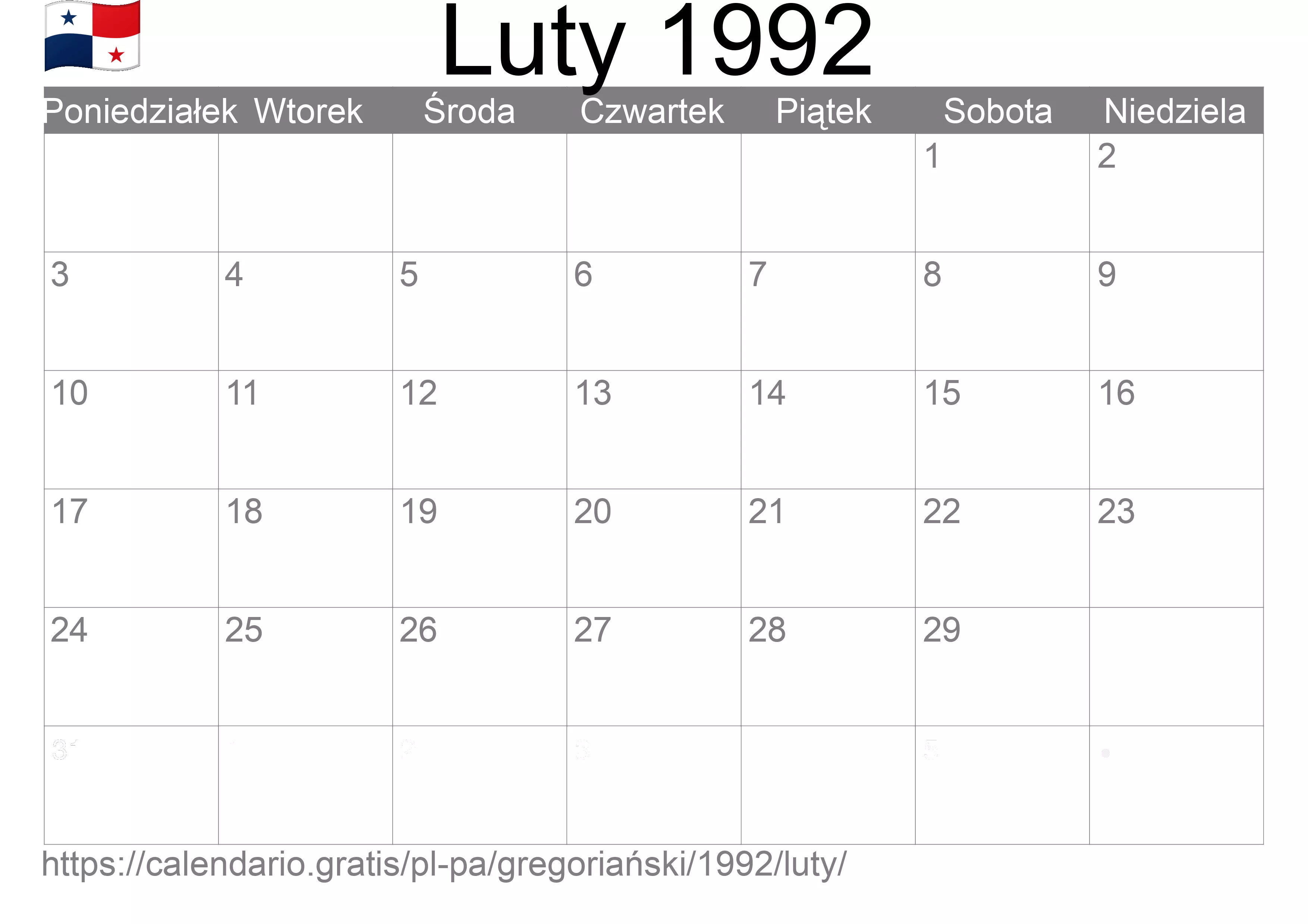 Kalendarz na Luty 1992 do druku (Panama)