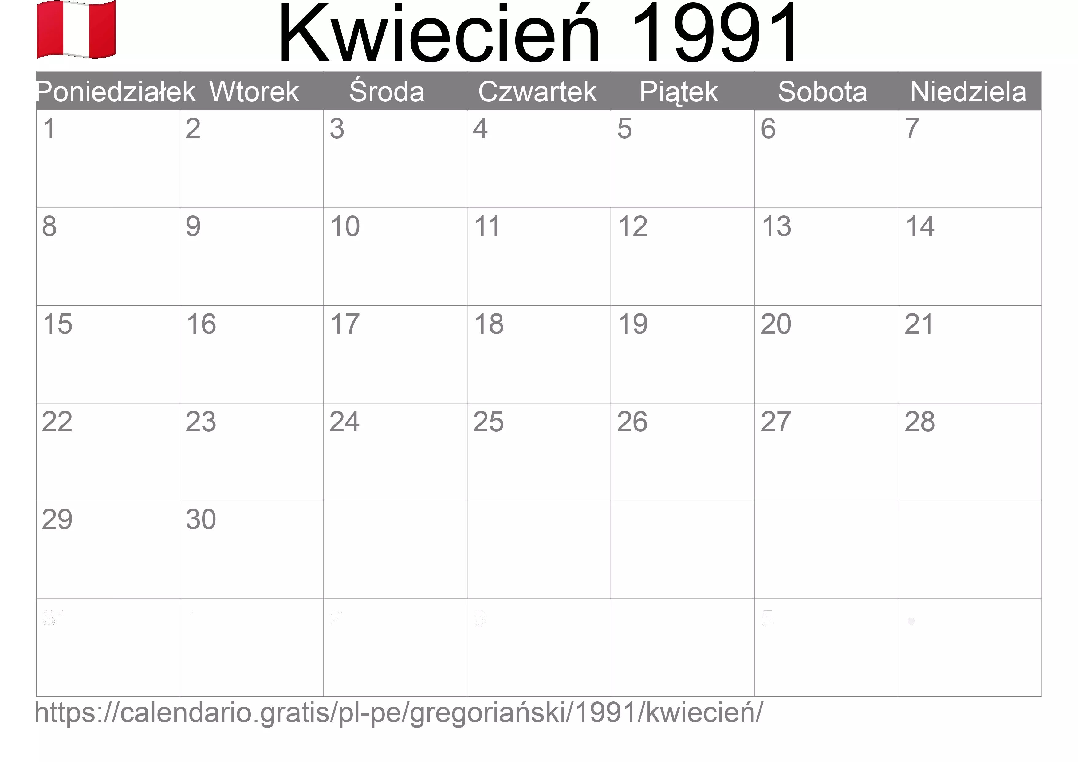 Kalendarz na Kwiecień 1991 do druku (Peru)