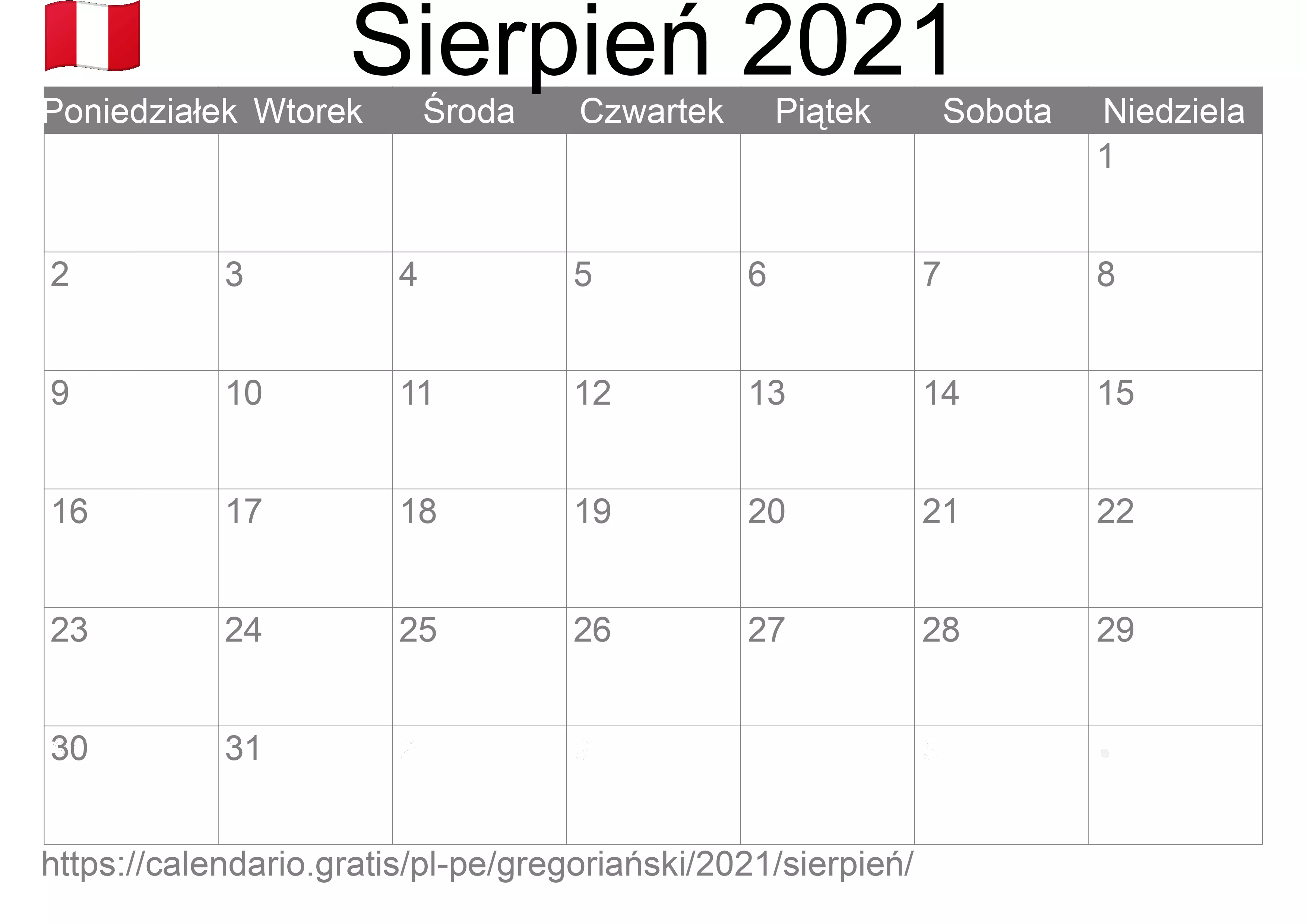 Kalendarz na Sierpień 2021 do druku (Peru)