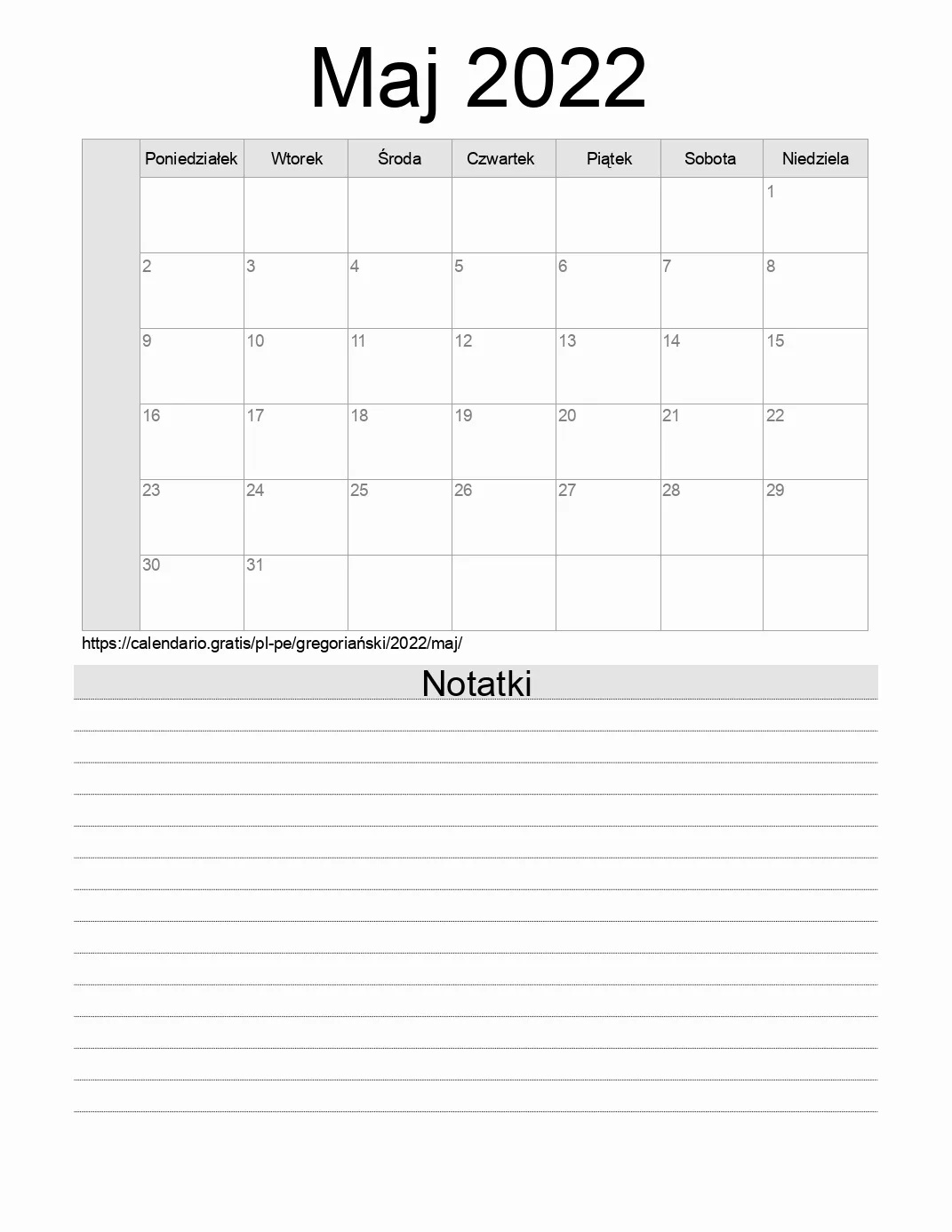 Kalendarz na Maj 2022 do druku z notatkami. (Peru) Kalendarz na Maj 2022 do druku z notatkami. (Peru)