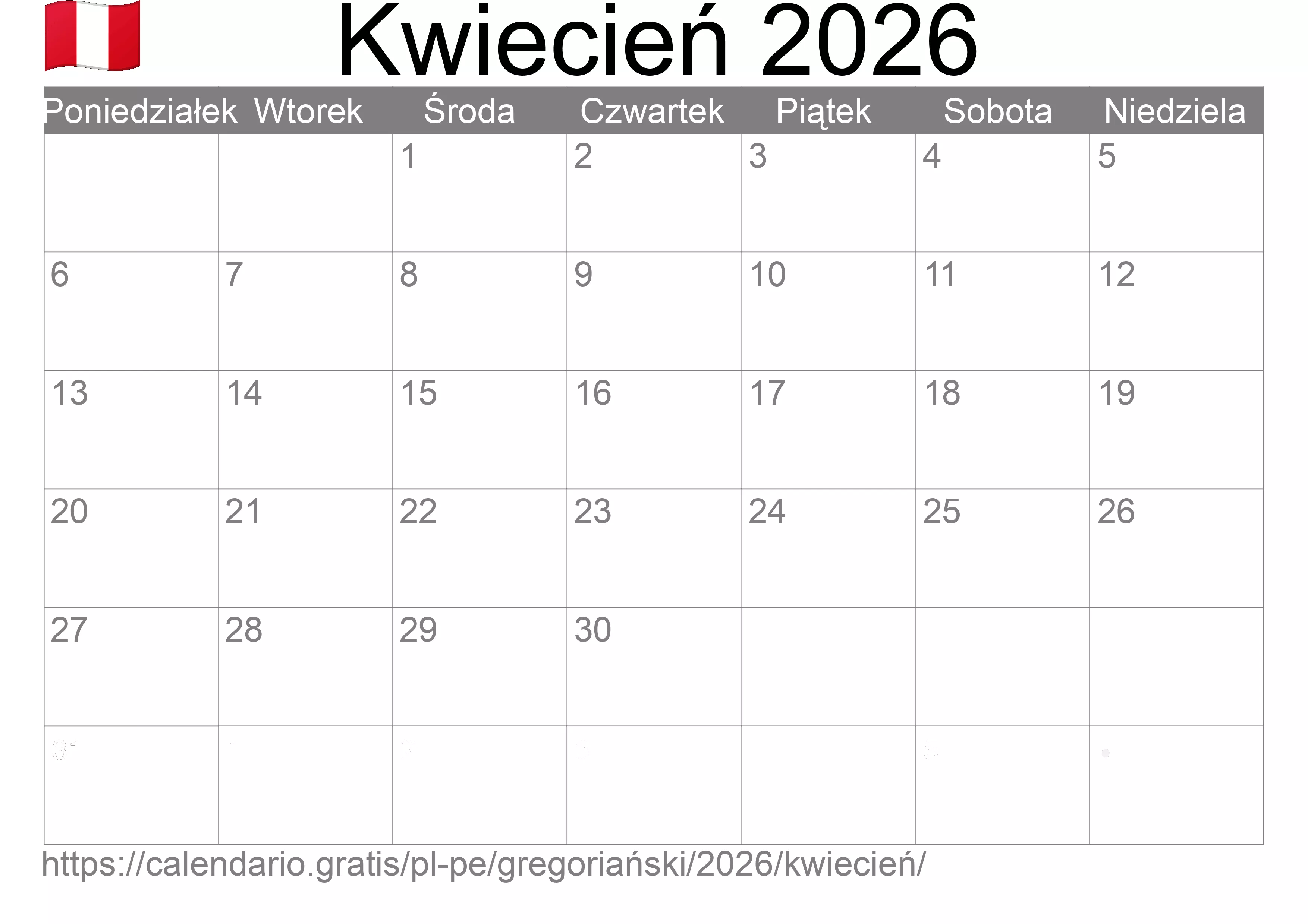 Kalendarz na Kwiecień 2026 do druku (Peru)