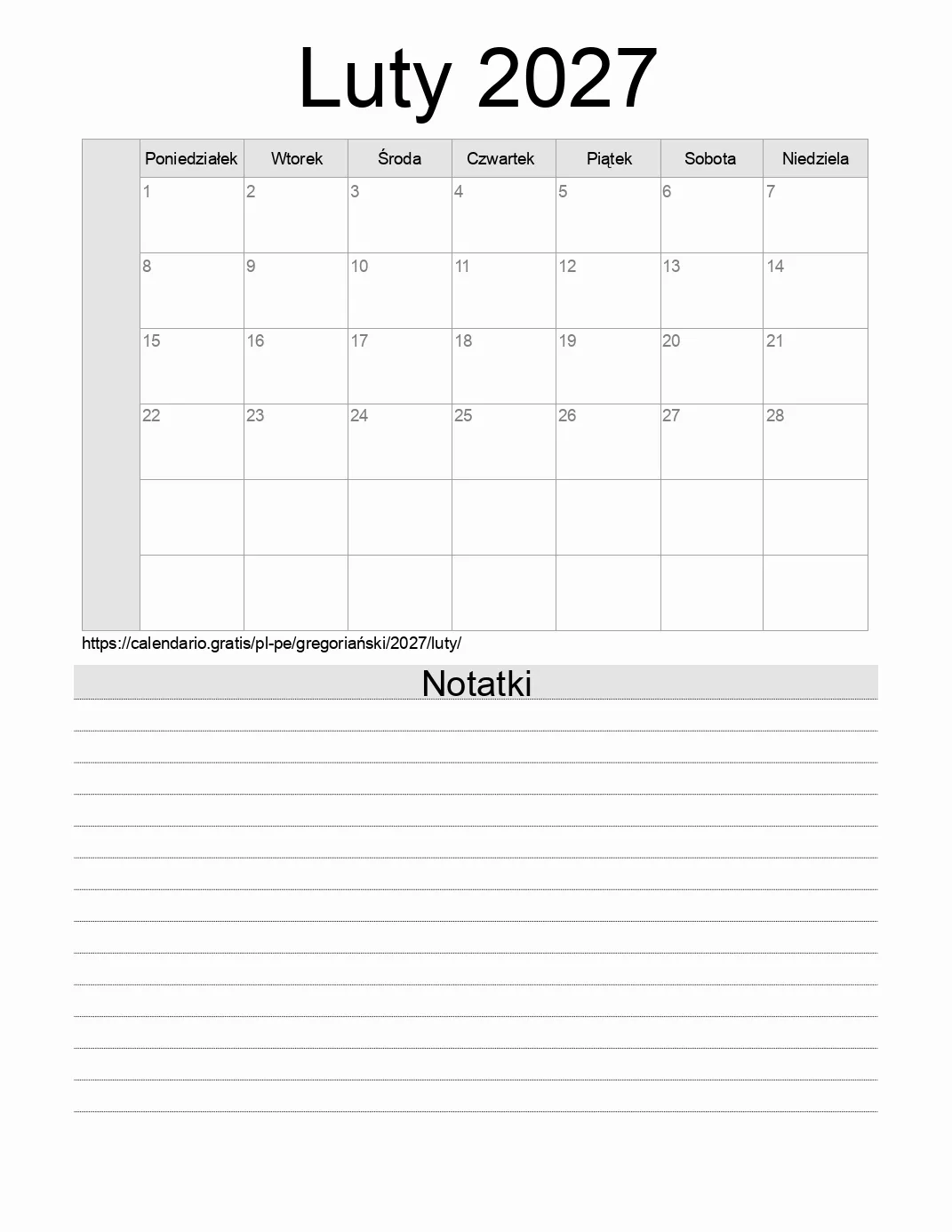 Kalendarz na Luty 2027 do druku z notatkami. (Peru)