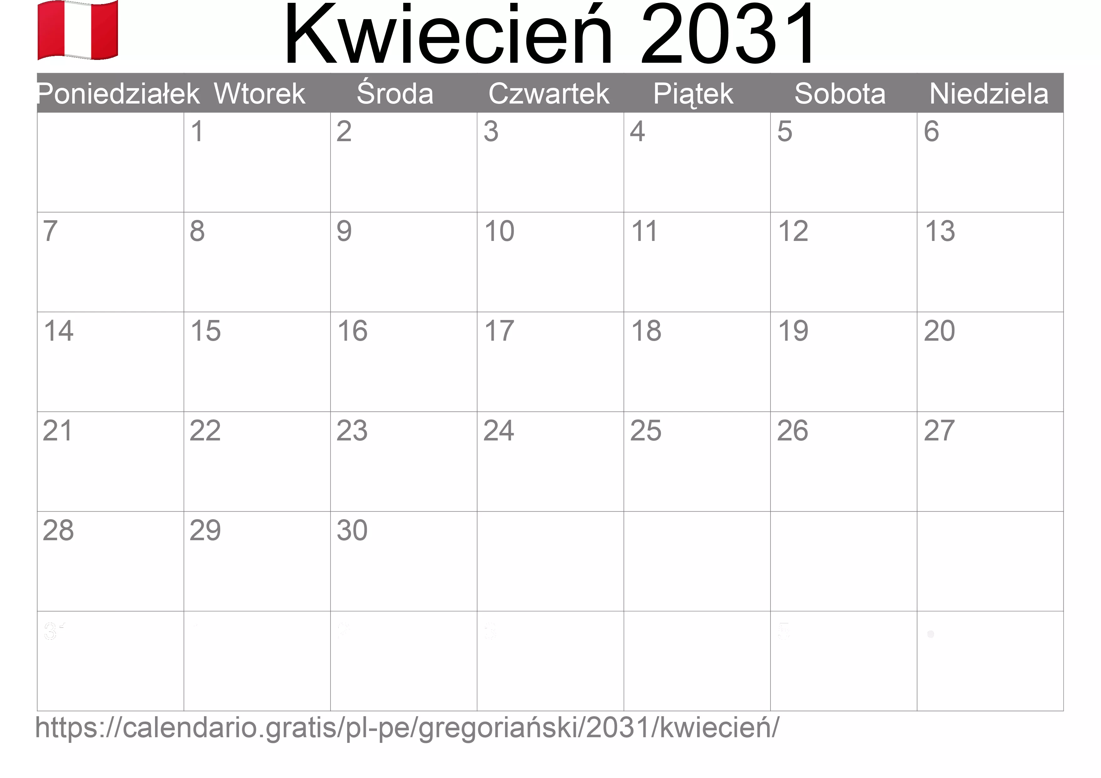 Kalendarz na Kwiecień 2031 do druku (Peru)