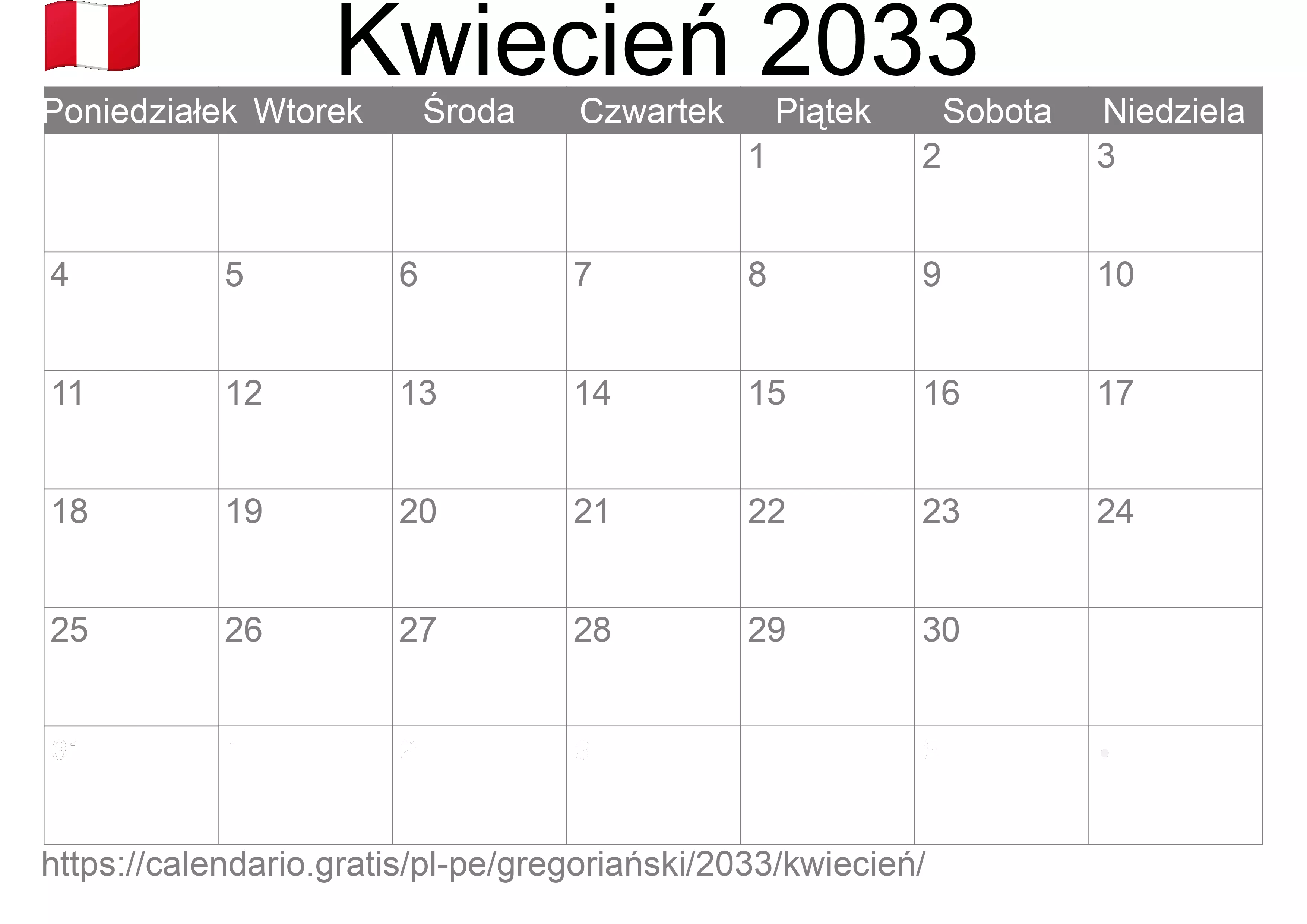 Kalendarz na Kwiecień 2033 do druku (Peru)