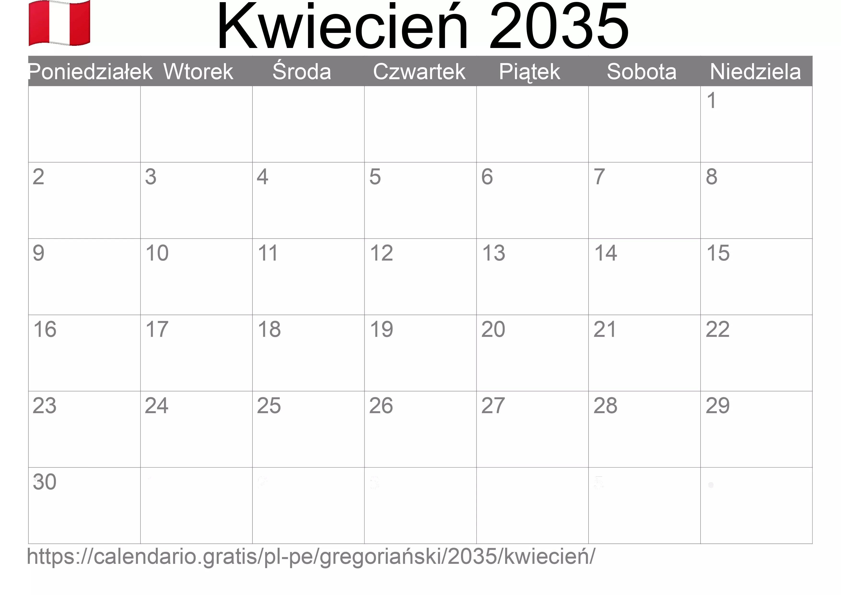 Kalendarz na Kwiecień 2035 do druku (Peru)