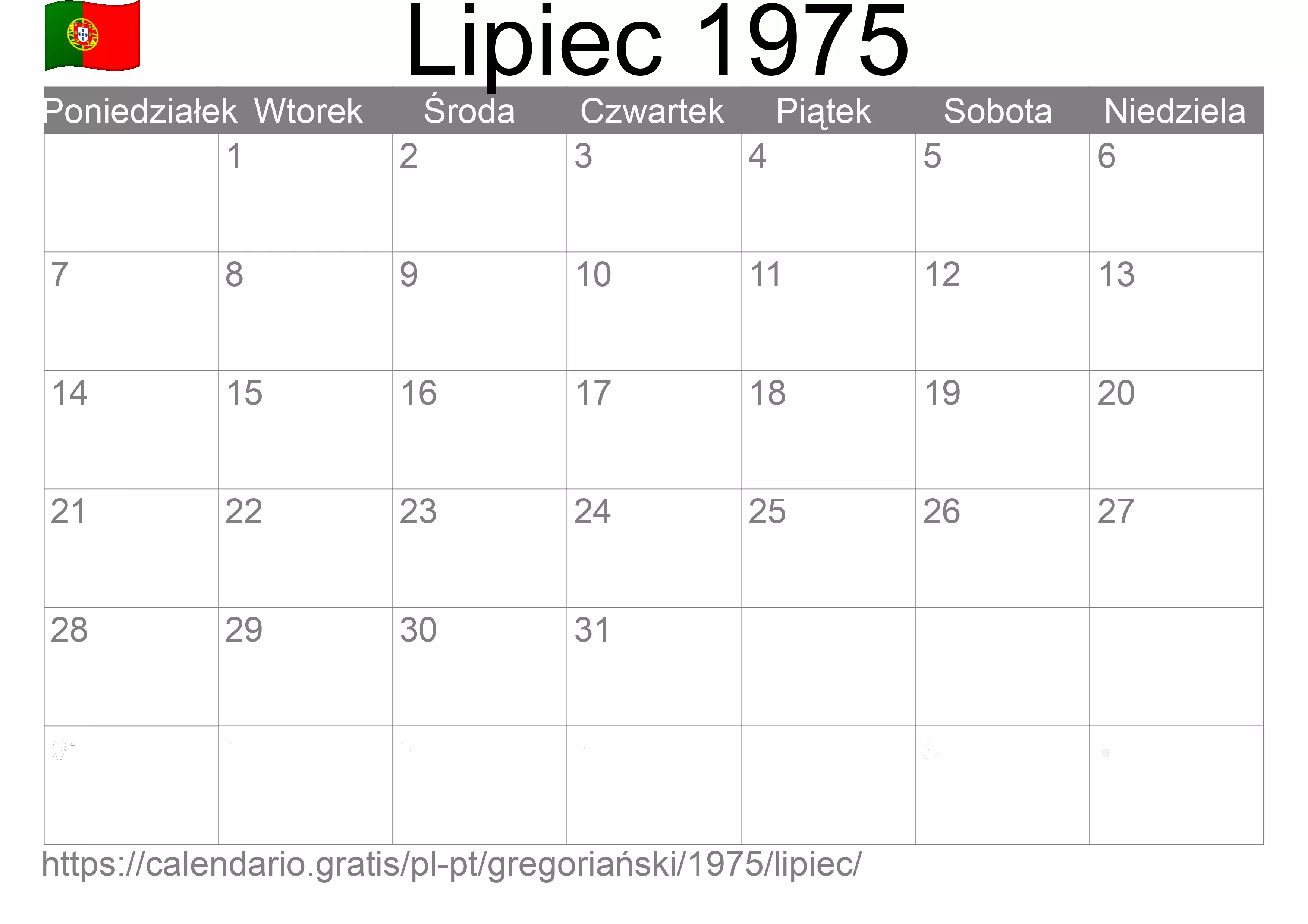 Kalendarz na Lipiec 1975 do druku (Portugalia) Kalendarz na Lipiec 1975 do druku (Portugalia)