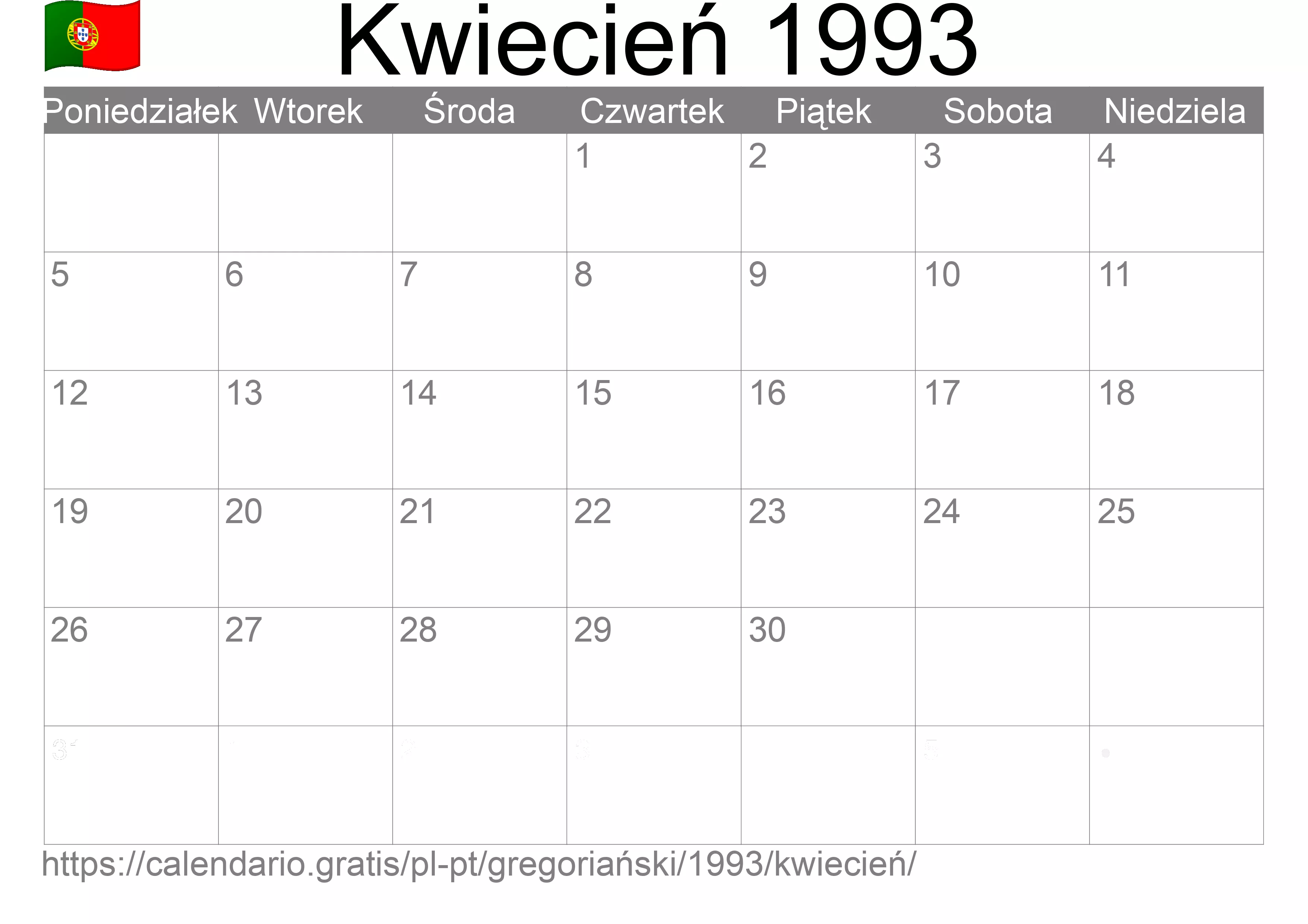 Kalendarz na Kwiecień 1993 do druku (Portugalia)
