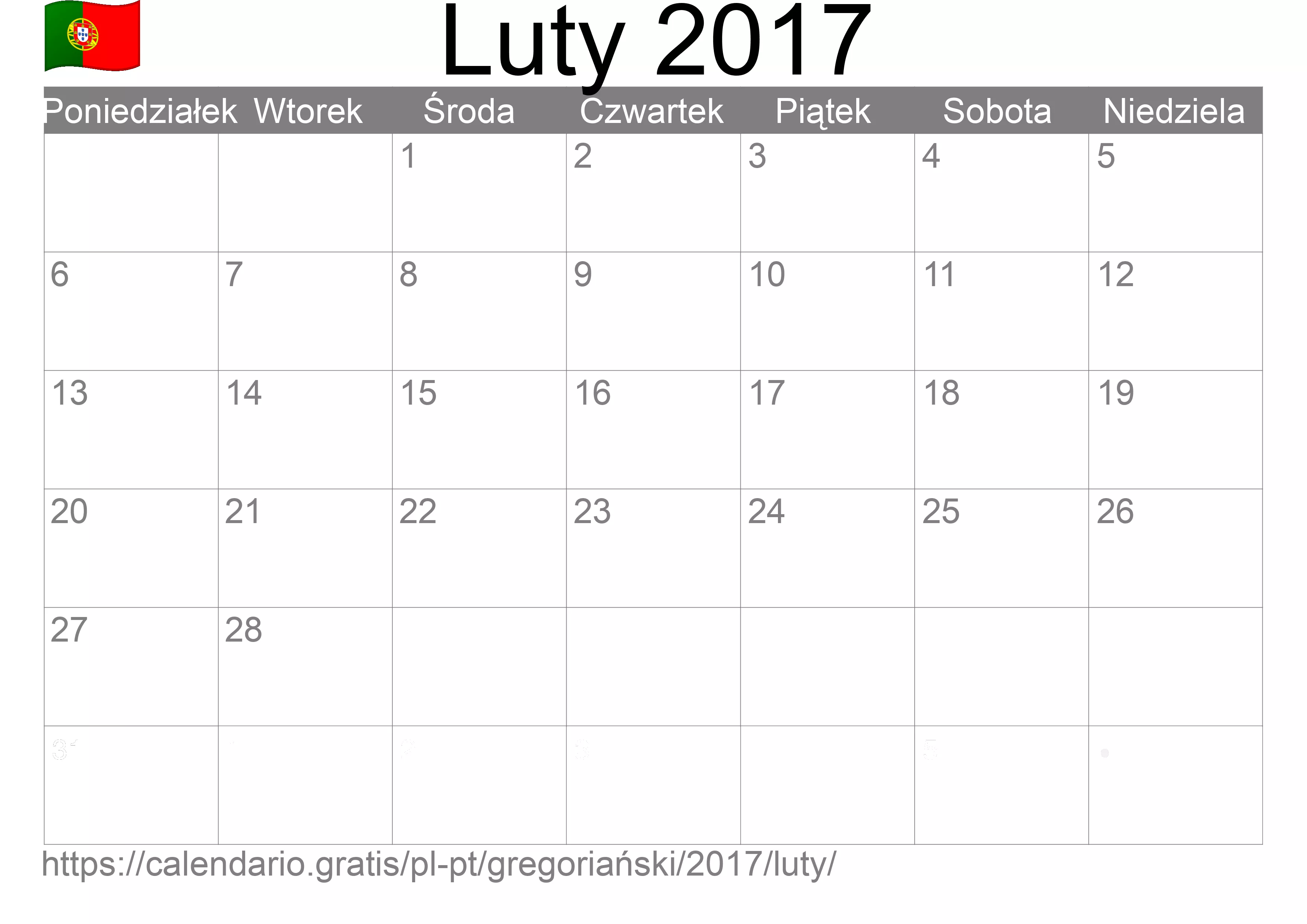 Kalendarz na Luty 2017 do druku (Portugalia)