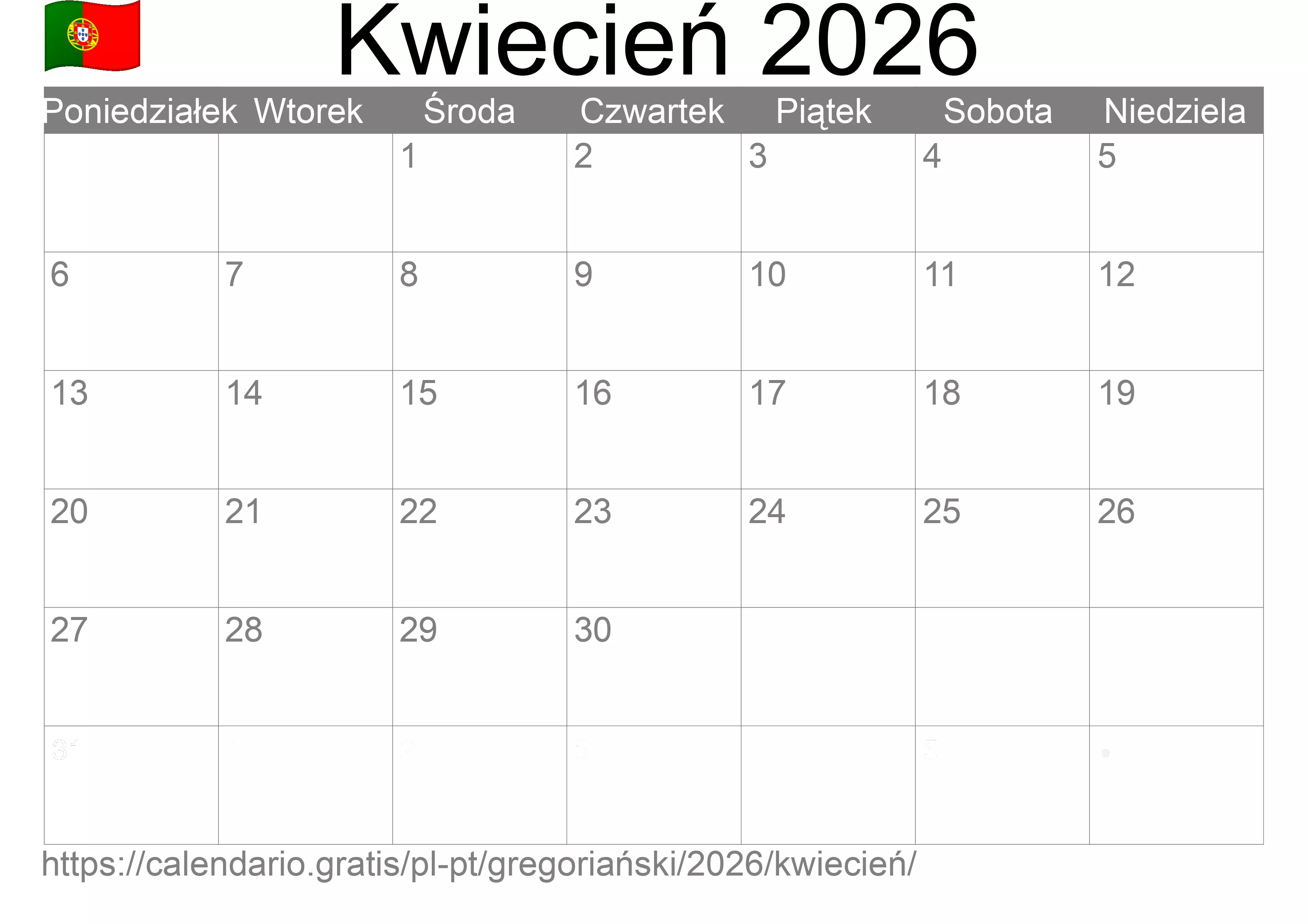 Kalendarz na Kwiecień 2026 do druku (Portugalia)