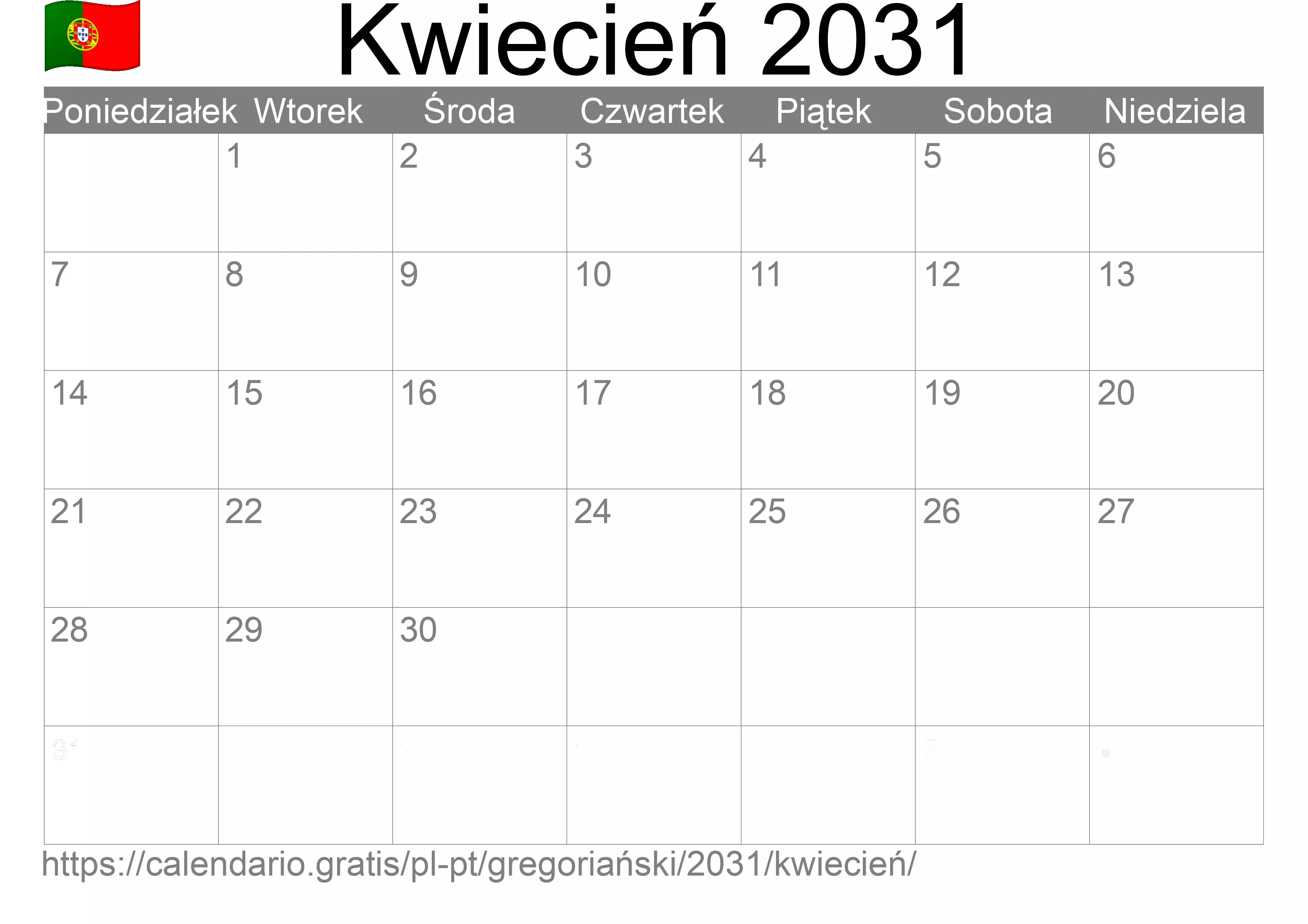 Kalendarz na Kwiecień 2031 do druku (Portugalia)