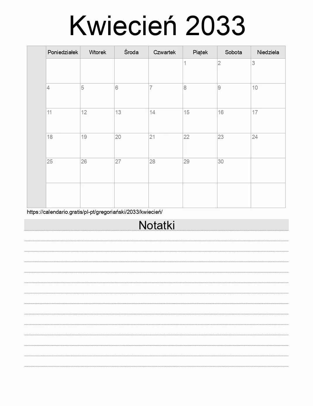 Kalendarz na Kwiecień 2033 do druku z notatkami. (Portugalia)