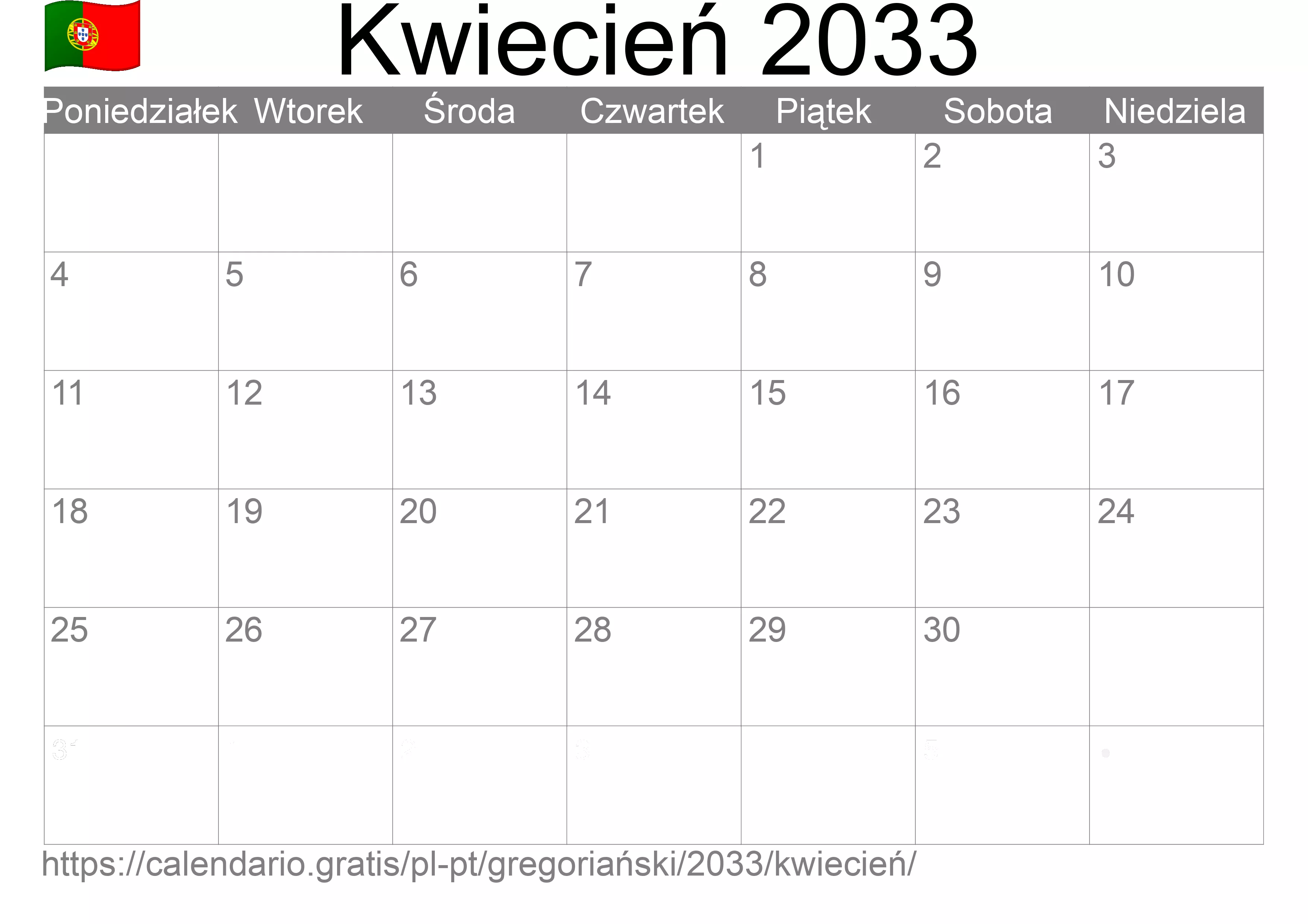 Kalendarz na Kwiecień 2033 do druku (Portugalia)