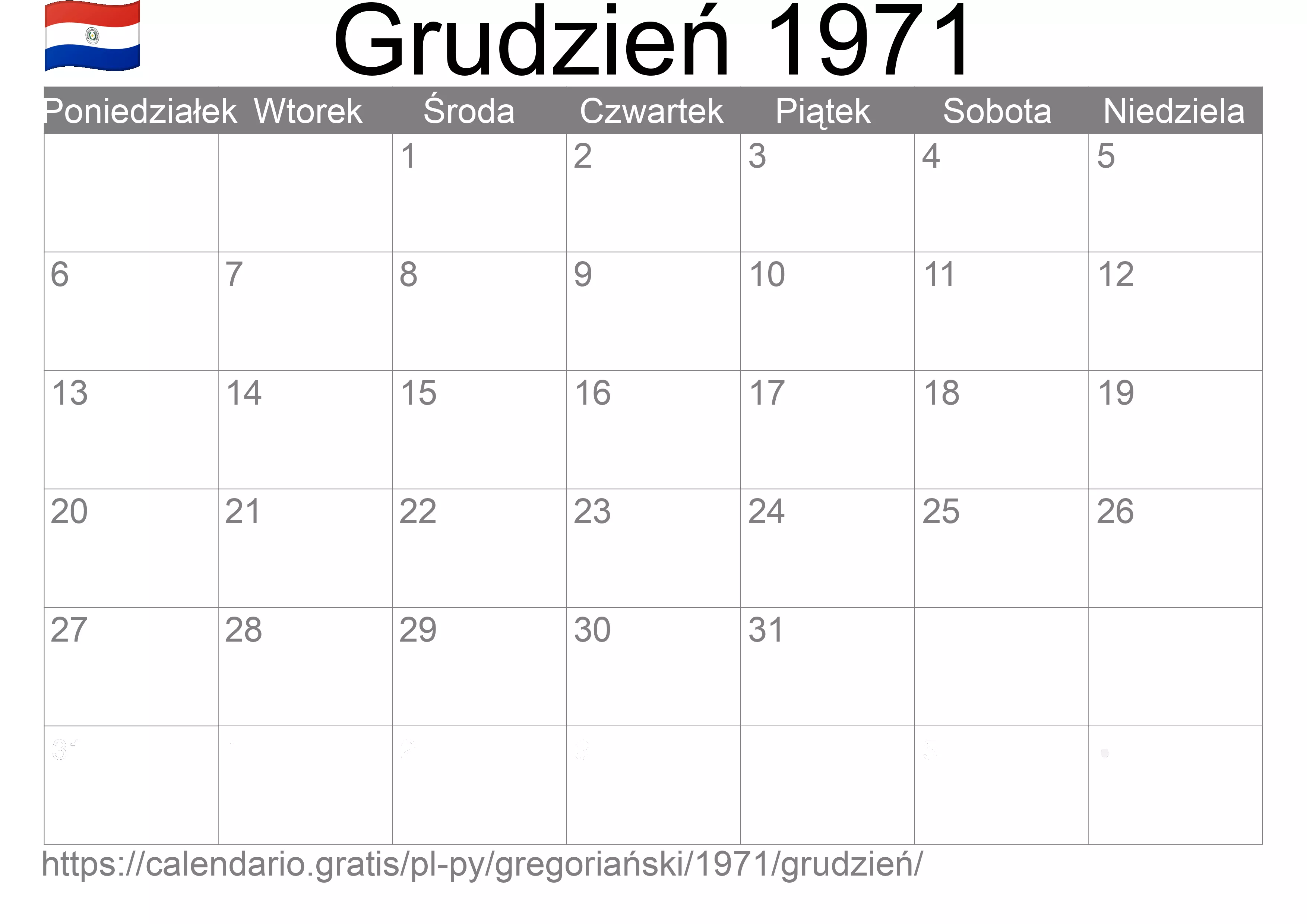 Kalendarz na Grudzień 1971 do druku (Paragwaj) Kalendarz na Grudzień 1971 do druku (Paragwaj)