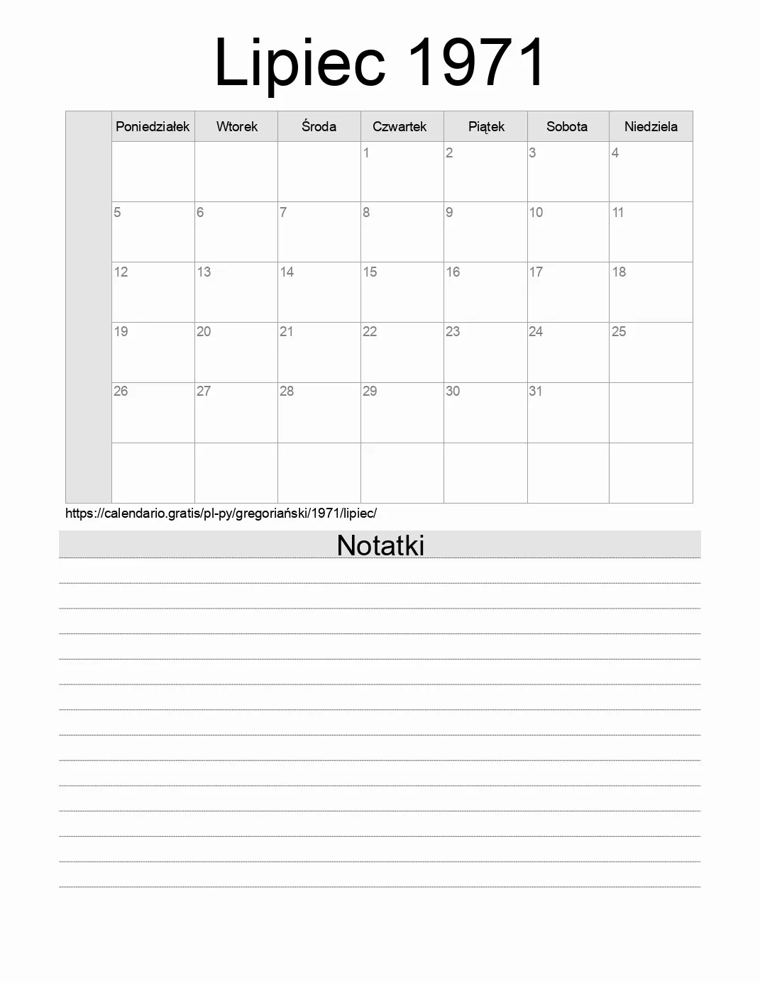 Kalendarz na Lipiec 1971 do druku z notatkami. (Paragwaj) Kalendarz na Lipiec 1971 do druku z notatkami. (Paragwaj)