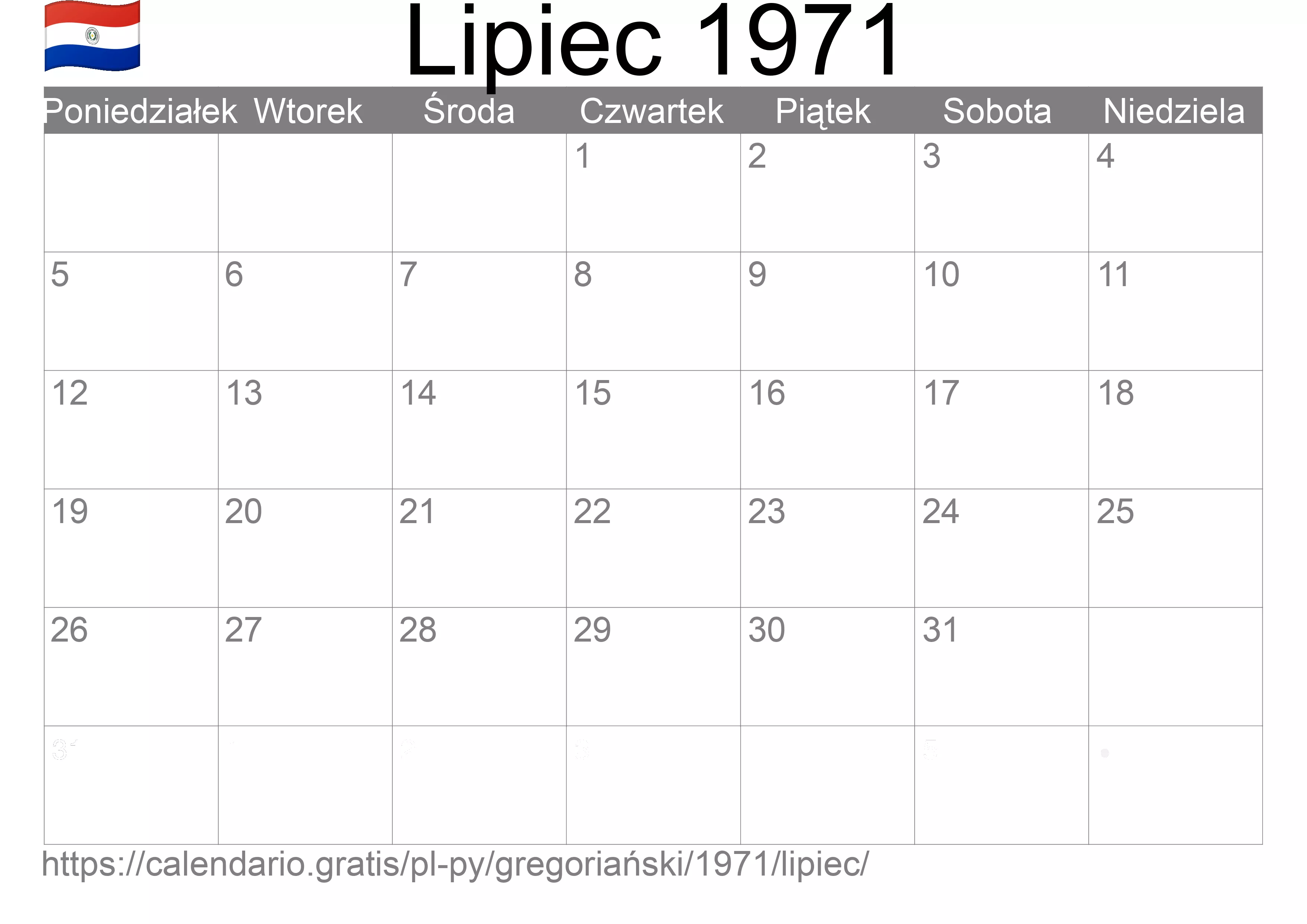 Kalendarz na Lipiec 1971 do druku (Paragwaj) Kalendarz na Lipiec 1971 do druku (Paragwaj)