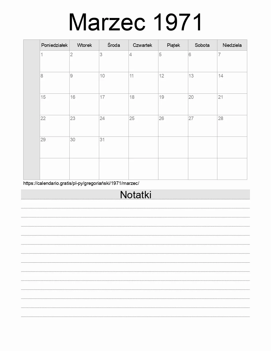 Kalendarz na Marzec 1971 do druku z notatkami. (Paragwaj) Kalendarz na Marzec 1971 do druku z notatkami. (Paragwaj)