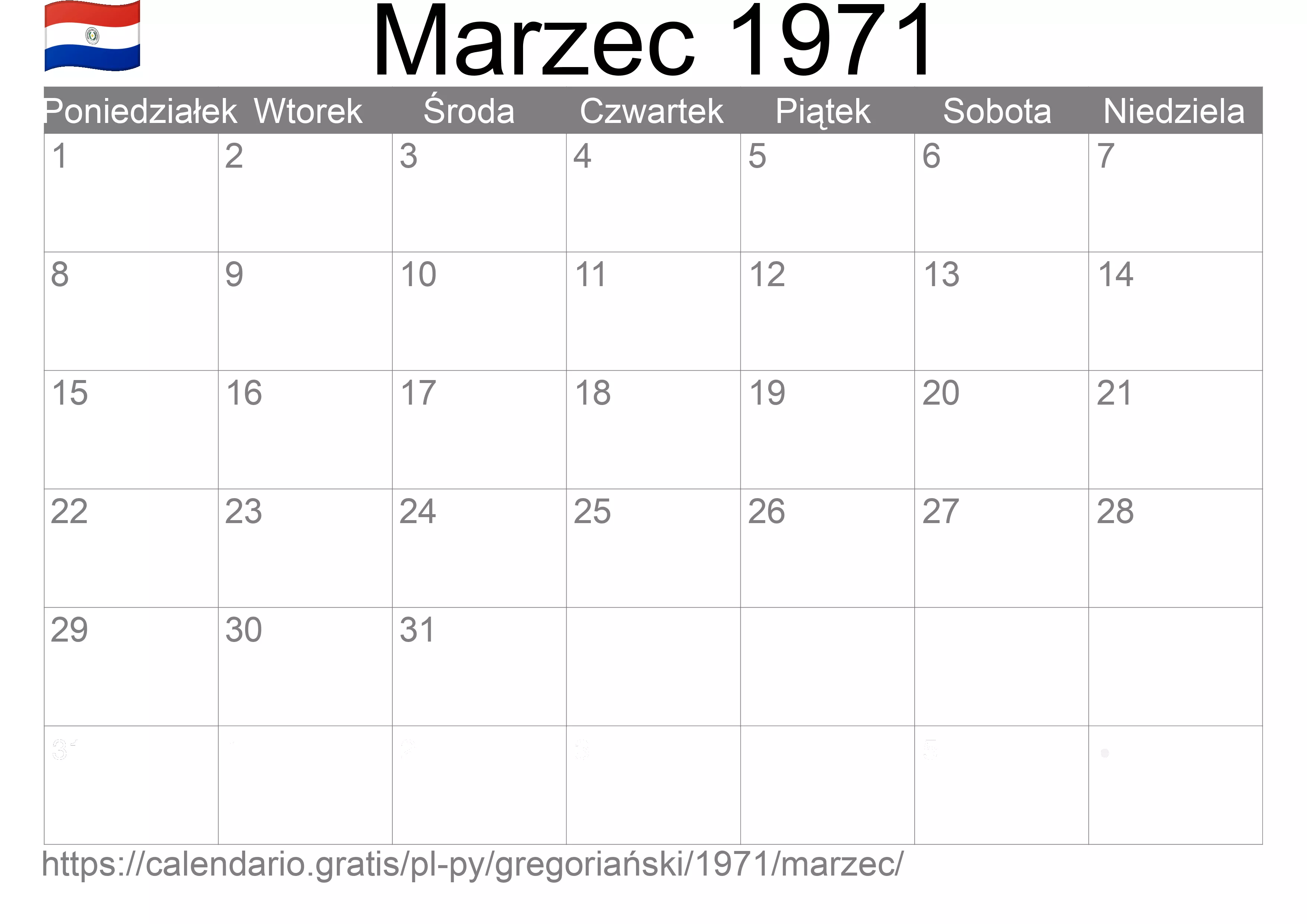 Kalendarz na Marzec 1971 do druku (Paragwaj) Kalendarz na Marzec 1971 do druku (Paragwaj)