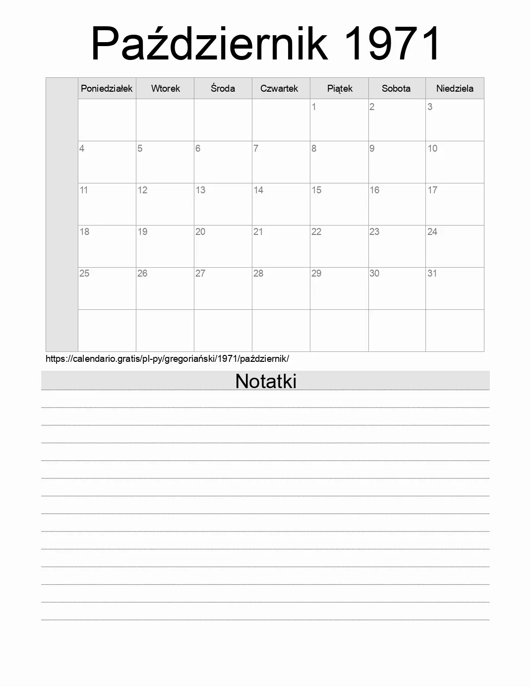 Kalendarz na Październik 1971 do druku z notatkami. (Paragwaj) Kalendarz na Październik 1971 do druku z notatkami. (Paragwaj)