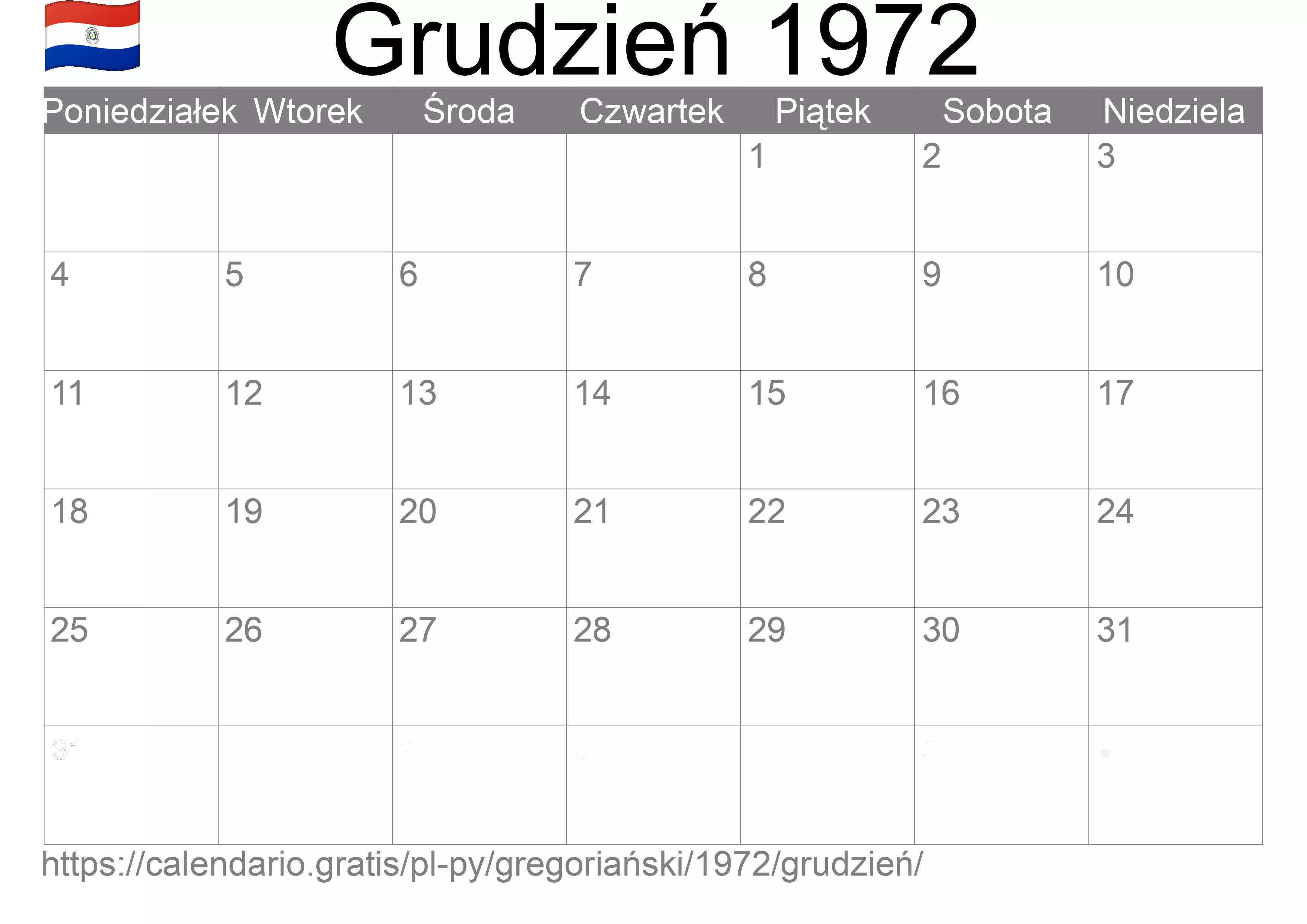 Kalendarz na Grudzień 1972 do druku (Paragwaj) Kalendarz na Grudzień 1972 do druku (Paragwaj)