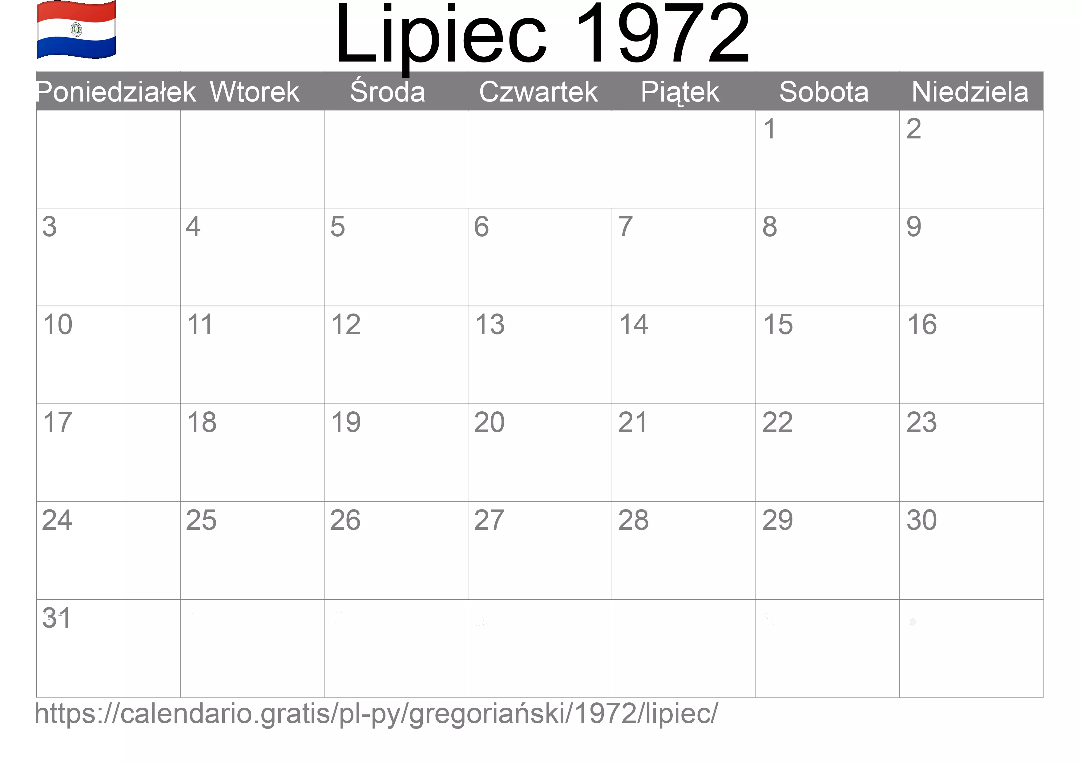 Kalendarz na Lipiec 1972 do druku (Paragwaj) Kalendarz na Lipiec 1972 do druku (Paragwaj)