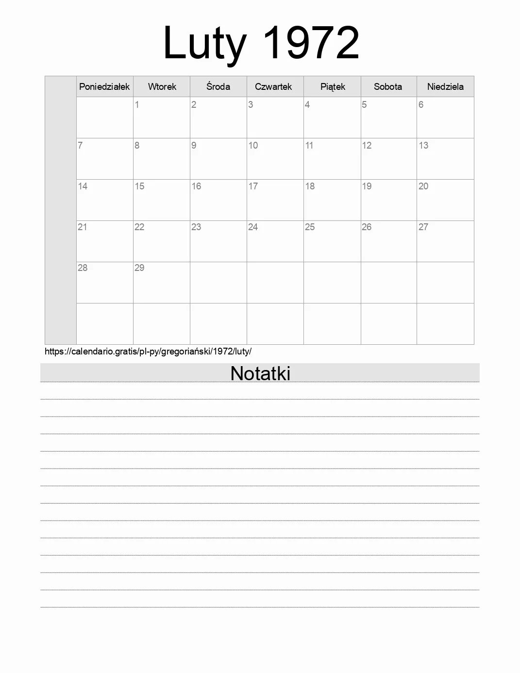 Kalendarz na Luty 1972 do druku z notatkami. (Paragwaj) Kalendarz na Luty 1972 do druku z notatkami. (Paragwaj)