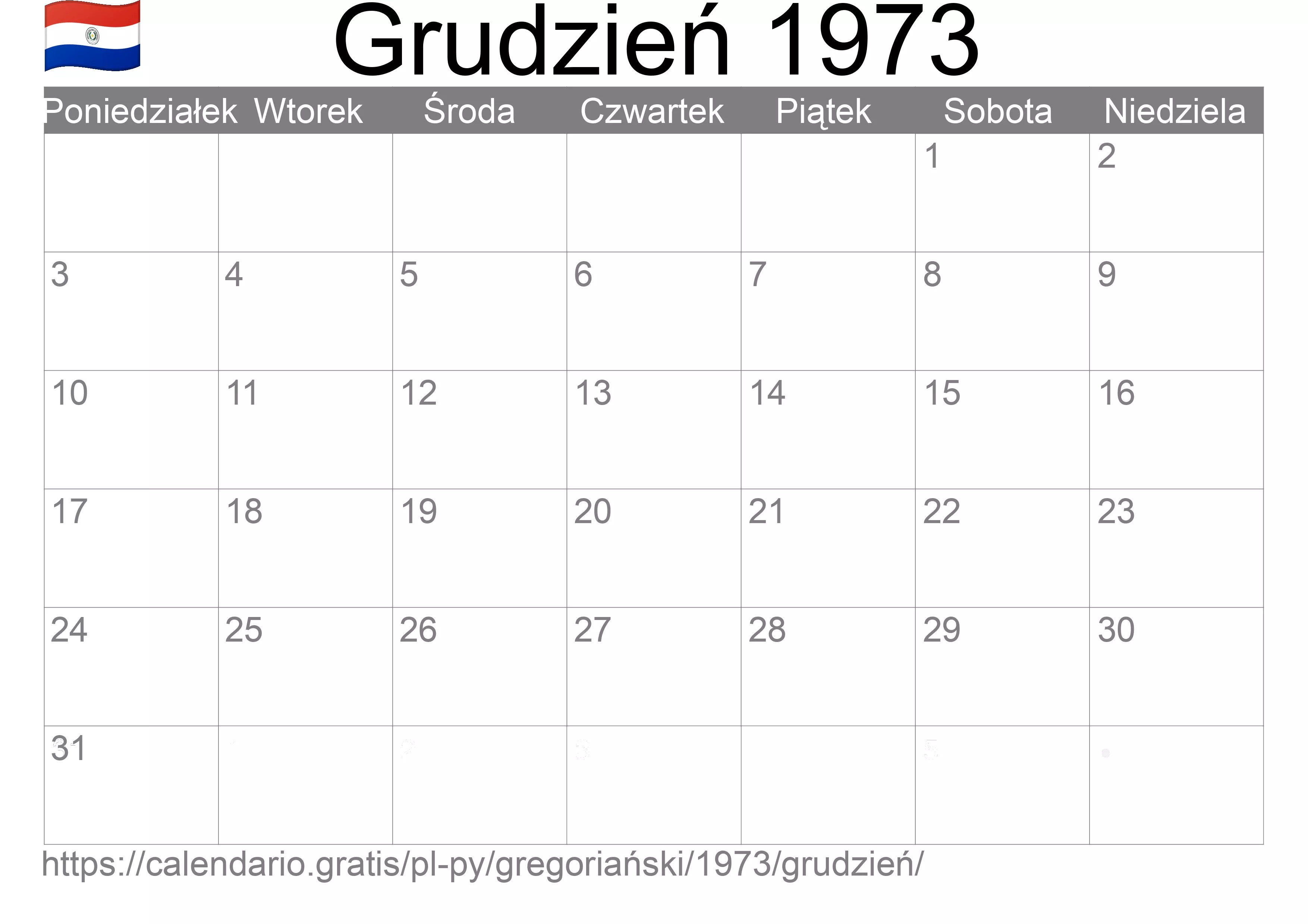 Kalendarz na Grudzień 1973 do druku (Paragwaj) Kalendarz na Grudzień 1973 do druku (Paragwaj)