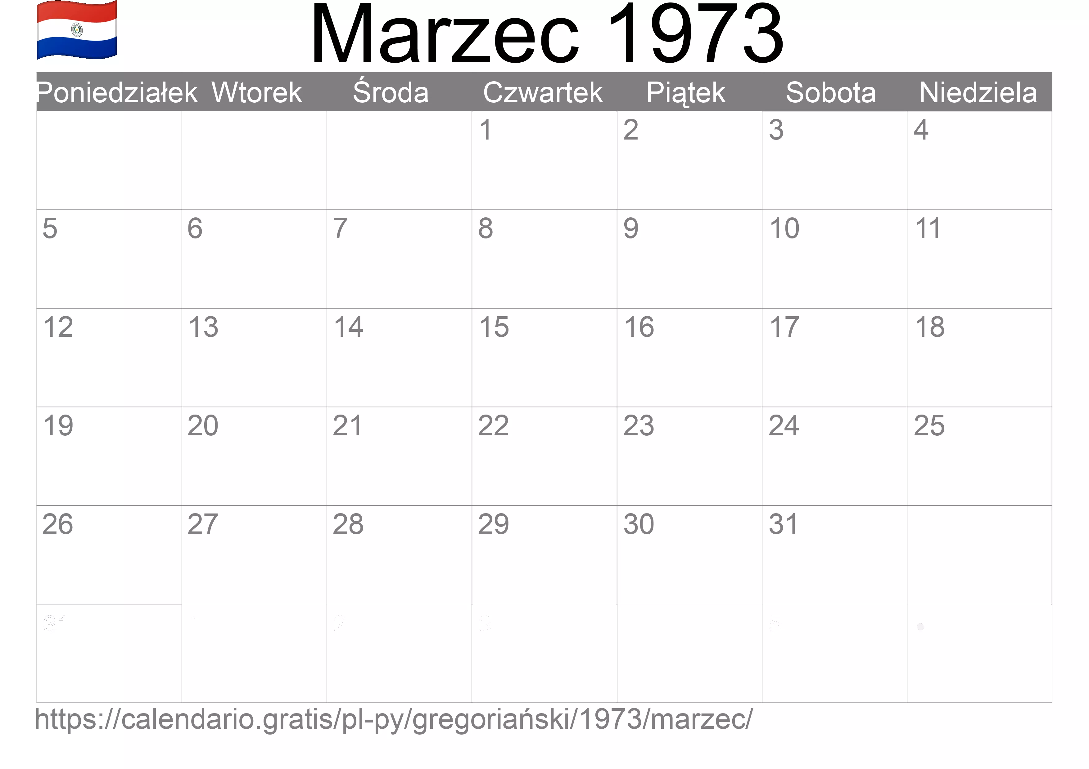Kalendarz na Marzec 1973 do druku (Paragwaj) Kalendarz na Marzec 1973 do druku (Paragwaj)