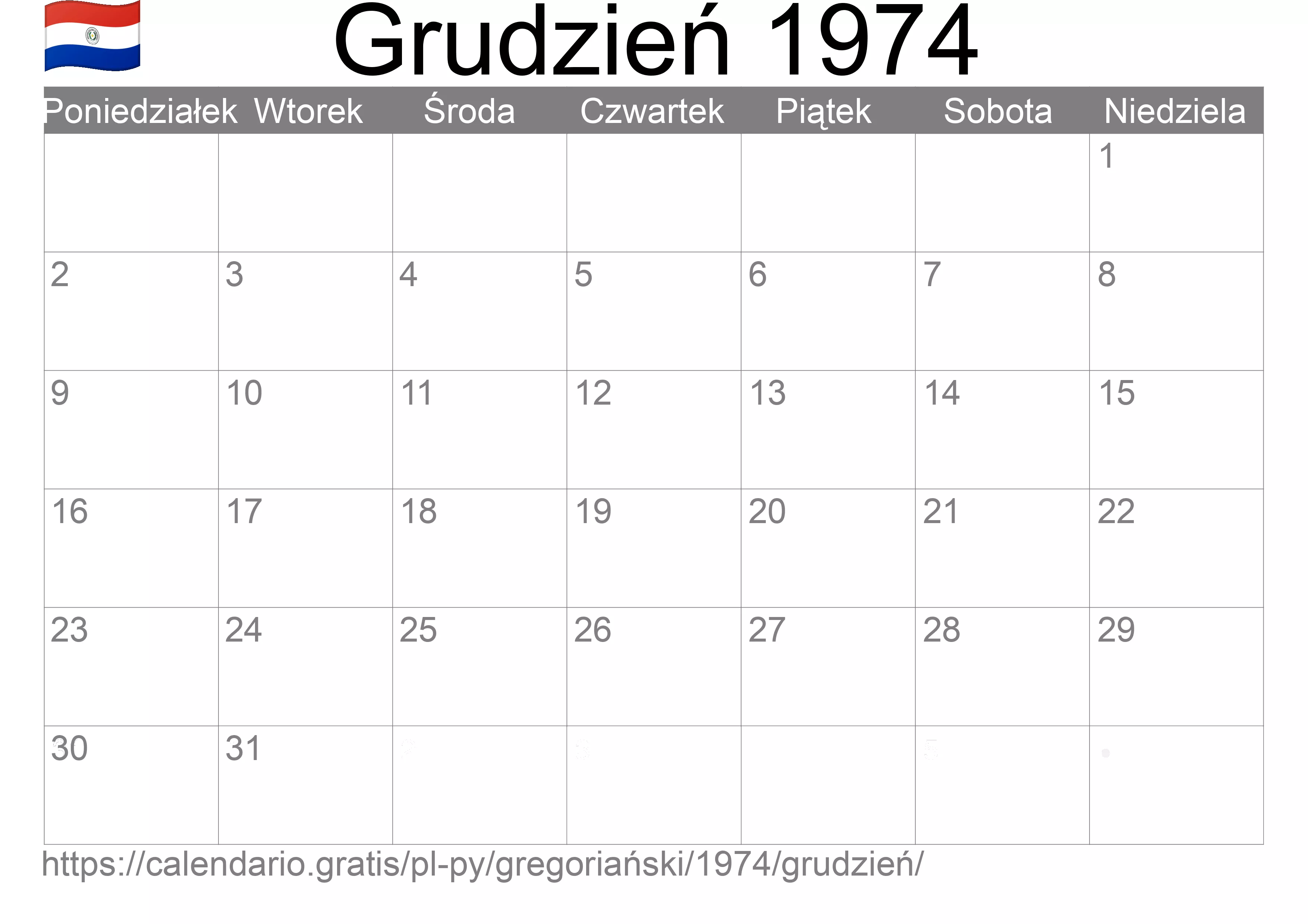Kalendarz na Grudzień 1974 do druku (Paragwaj) Kalendarz na Grudzień 1974 do druku (Paragwaj)