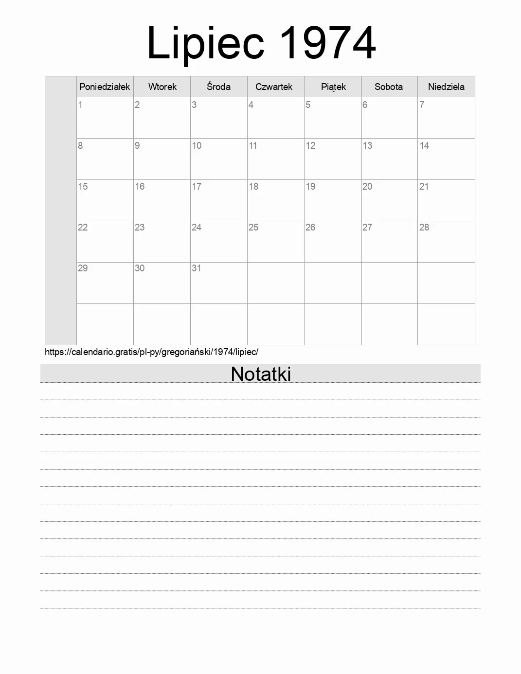 Kalendarz na Lipiec 1974 do druku z notatkami. (Paragwaj) Kalendarz na Lipiec 1974 do druku z notatkami. (Paragwaj)