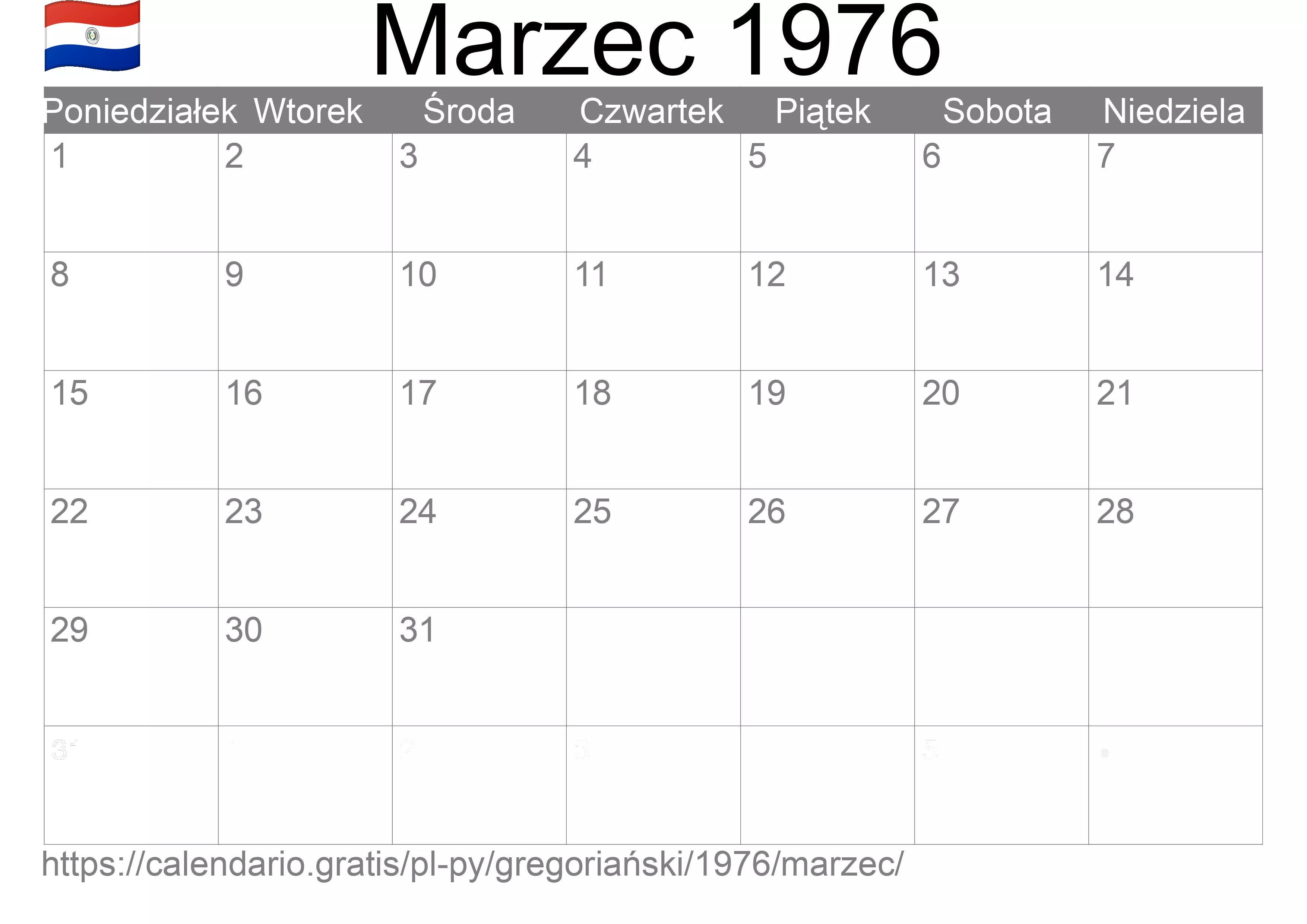 Kalendarz na Marzec 1976 do druku (Paragwaj) Kalendarz na Marzec 1976 do druku (Paragwaj)