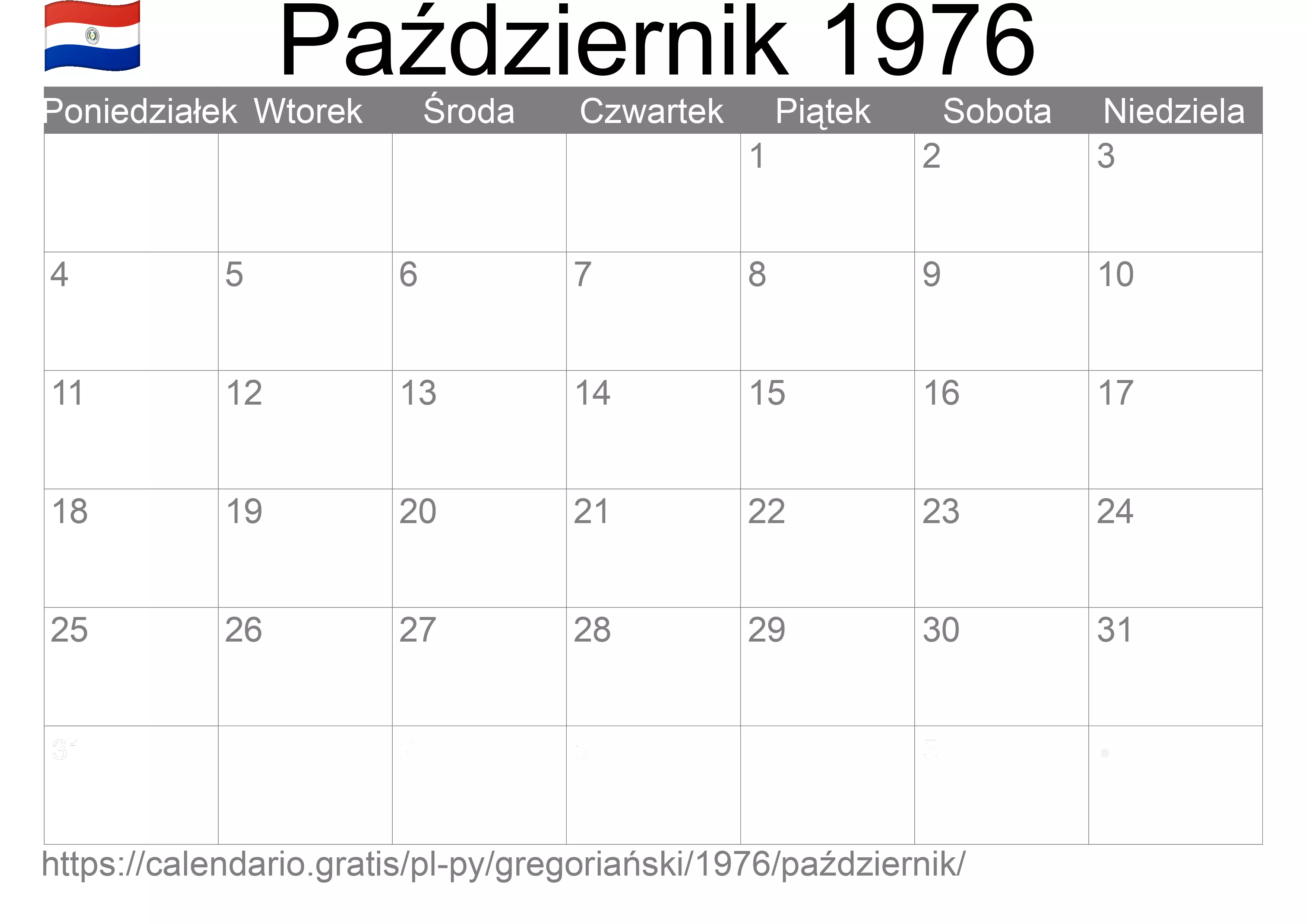 Kalendarz na Październik 1976 do druku (Paragwaj) Kalendarz na Październik 1976 do druku (Paragwaj)