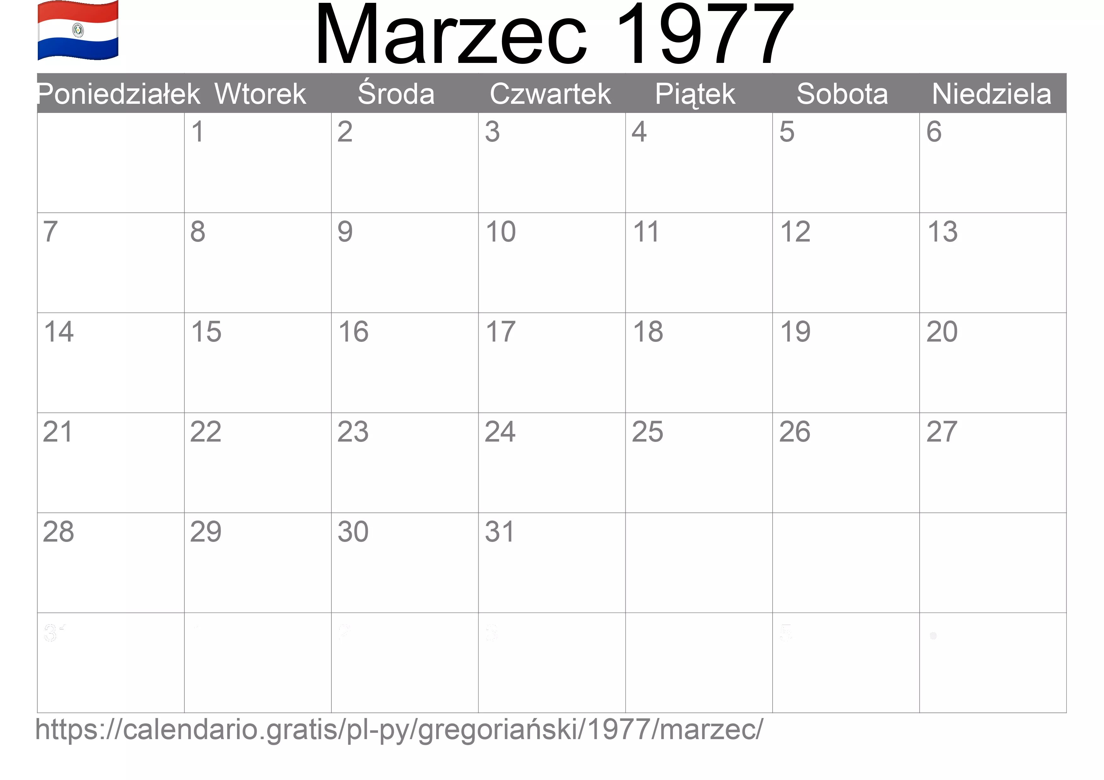 Kalendarz na Marzec 1977 do druku (Paragwaj) Kalendarz na Marzec 1977 do druku (Paragwaj)