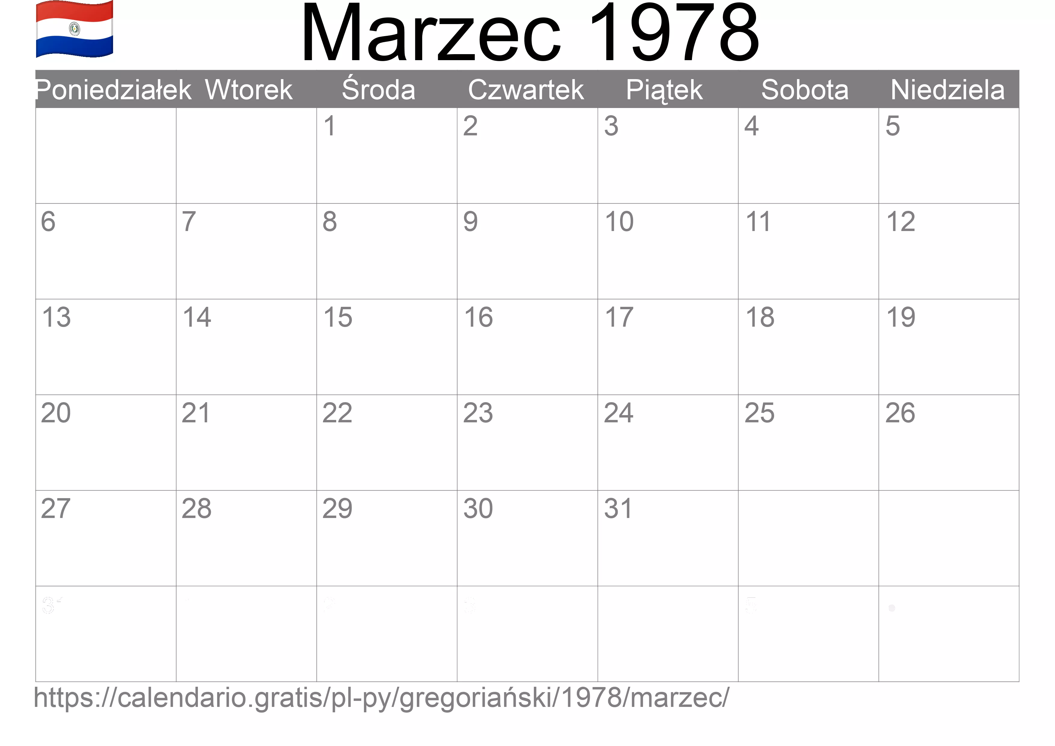 Kalendarz na Marzec 1978 do druku (Paragwaj) Kalendarz na Marzec 1978 do druku (Paragwaj)