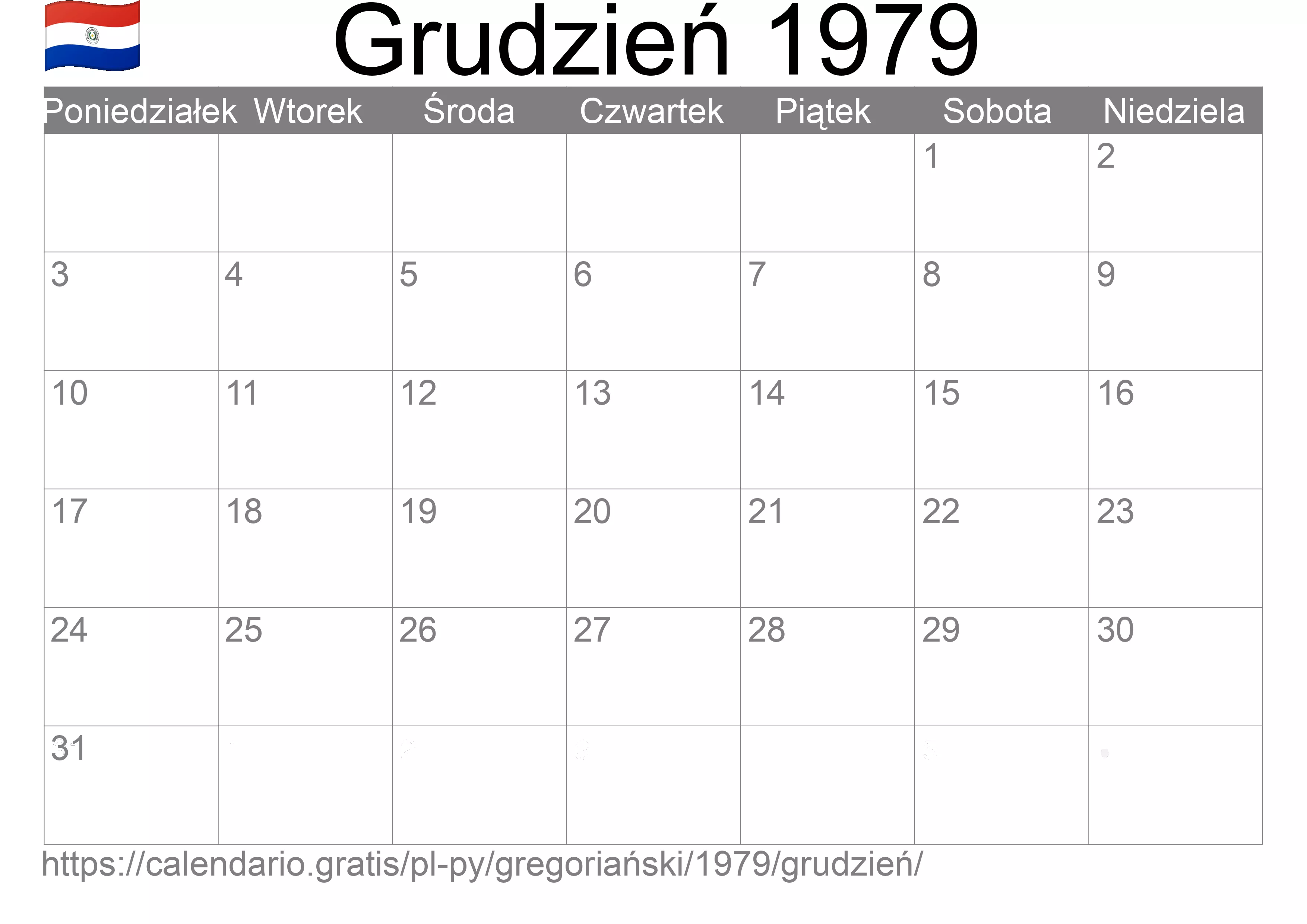 Kalendarz na Grudzień 1979 do druku (Paragwaj) Kalendarz na Grudzień 1979 do druku (Paragwaj)