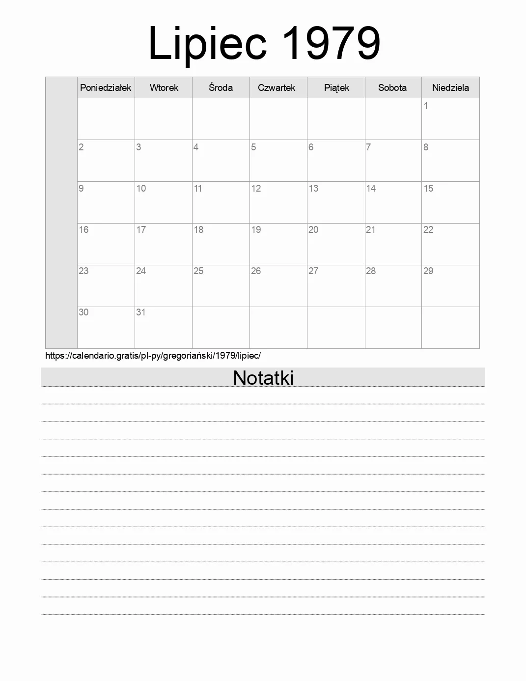 Kalendarz na Lipiec 1979 do druku z notatkami. (Paragwaj) Kalendarz na Lipiec 1979 do druku z notatkami. (Paragwaj)