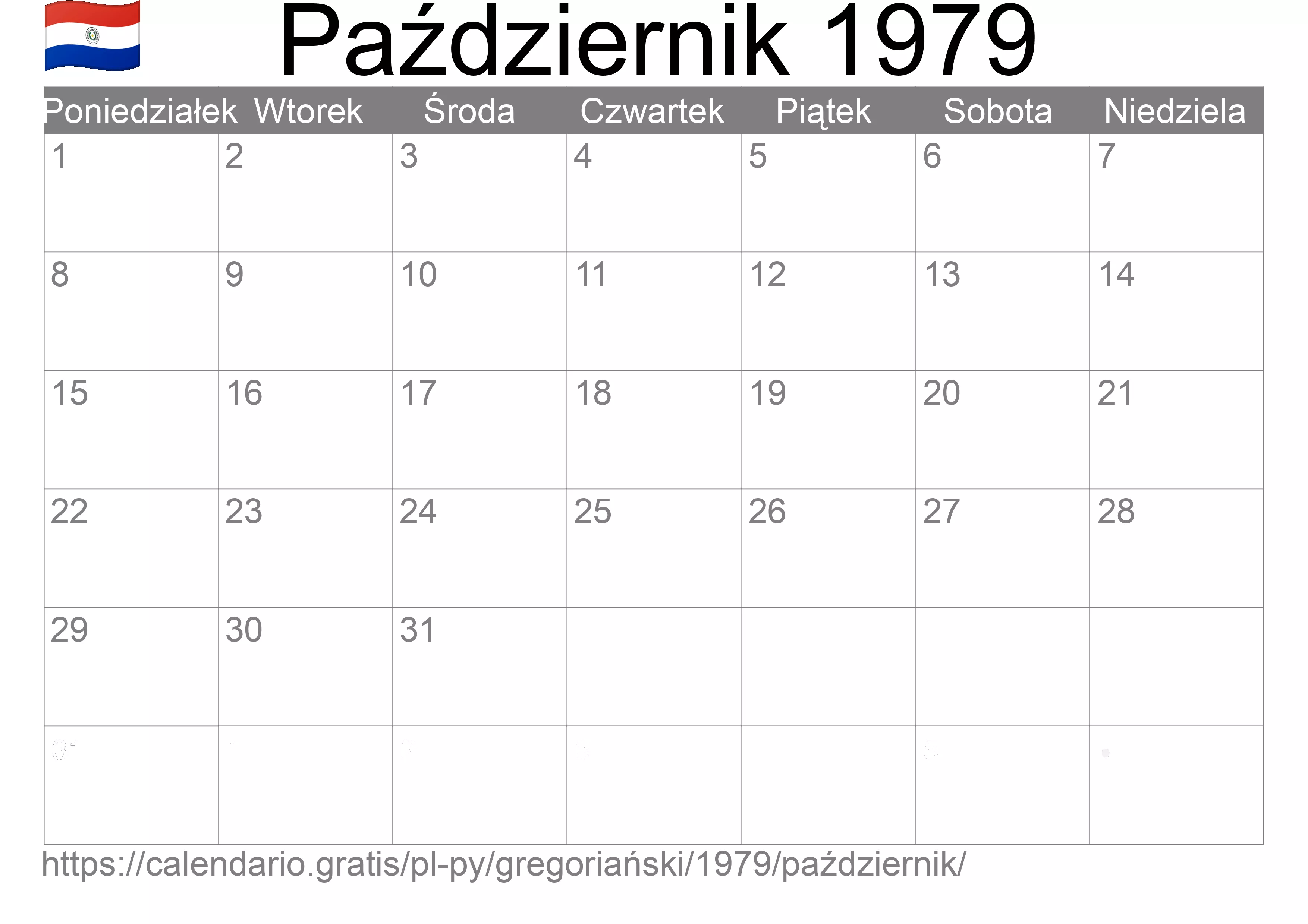 Kalendarz na Październik 1979 do druku (Paragwaj) Kalendarz na Październik 1979 do druku (Paragwaj)