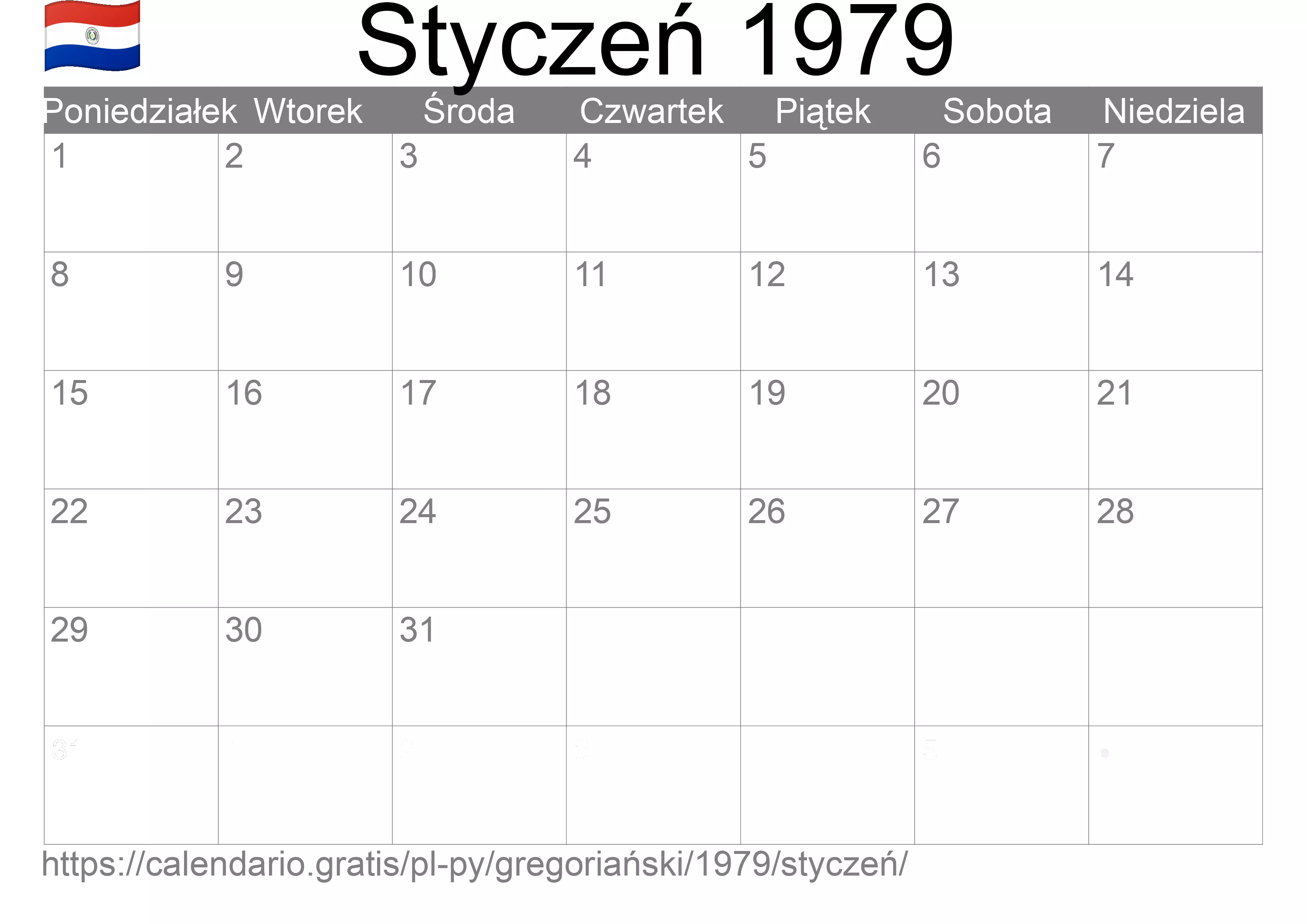 Kalendarz na Styczeń 1979 do druku (Paragwaj) Kalendarz na Styczeń 1979 do druku (Paragwaj)