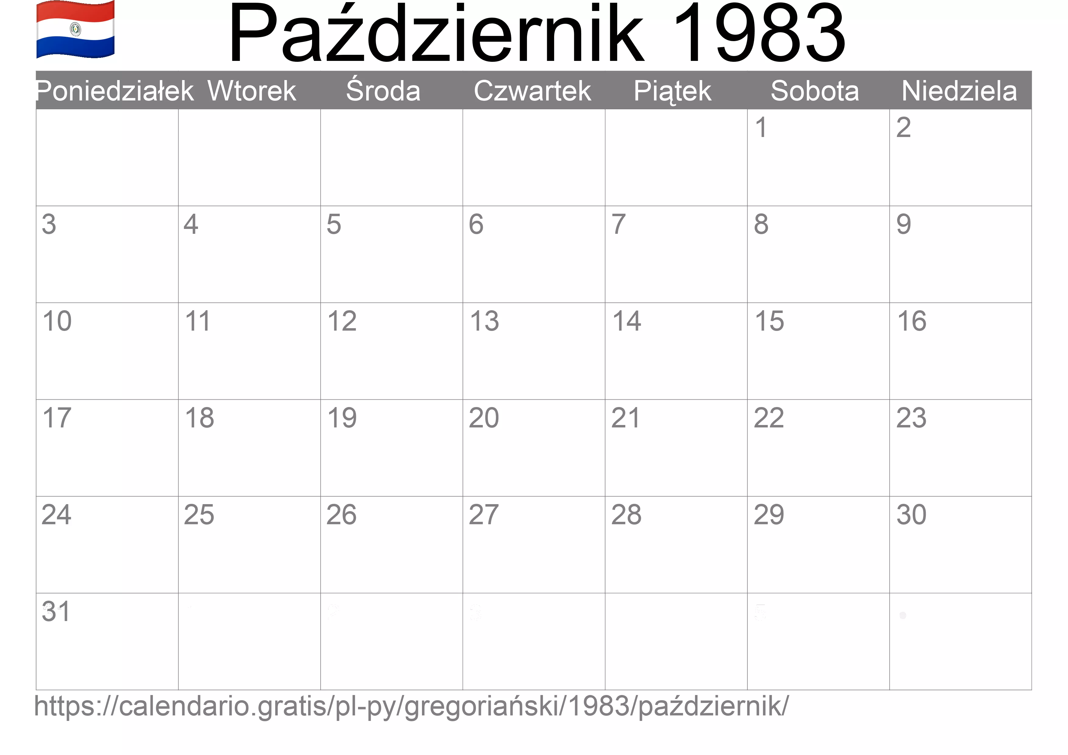 Kalendarz na Październik 1983 do druku (Paragwaj) Kalendarz na Październik 1983 do druku (Paragwaj)