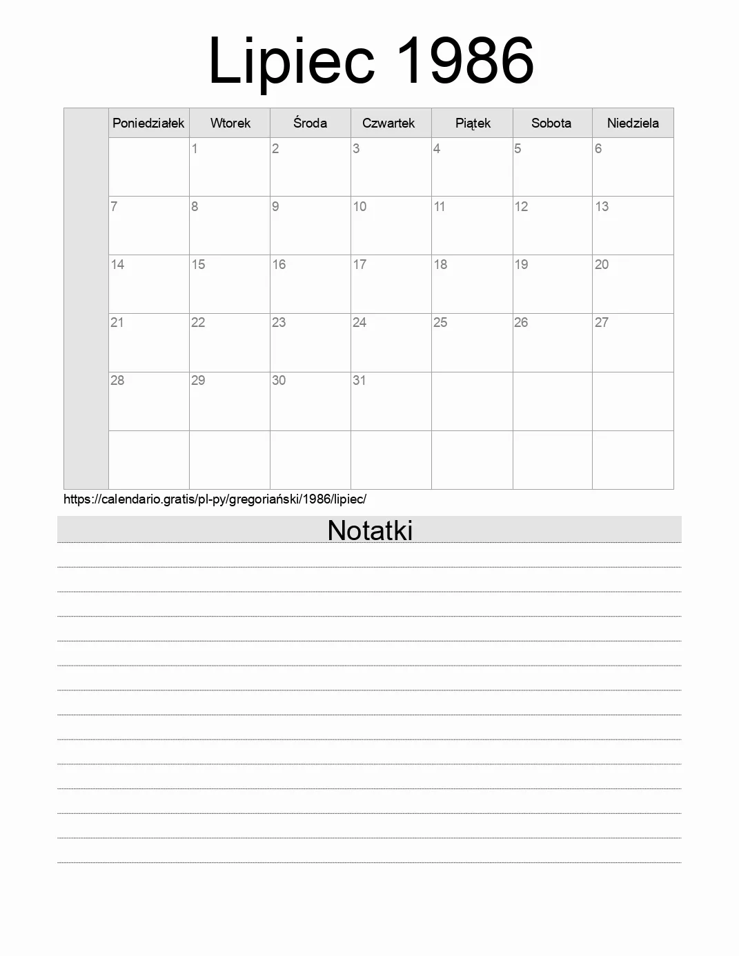 Kalendarz na Lipiec 1986 do druku z notatkami. (Paragwaj) Kalendarz na Lipiec 1986 do druku z notatkami. (Paragwaj)