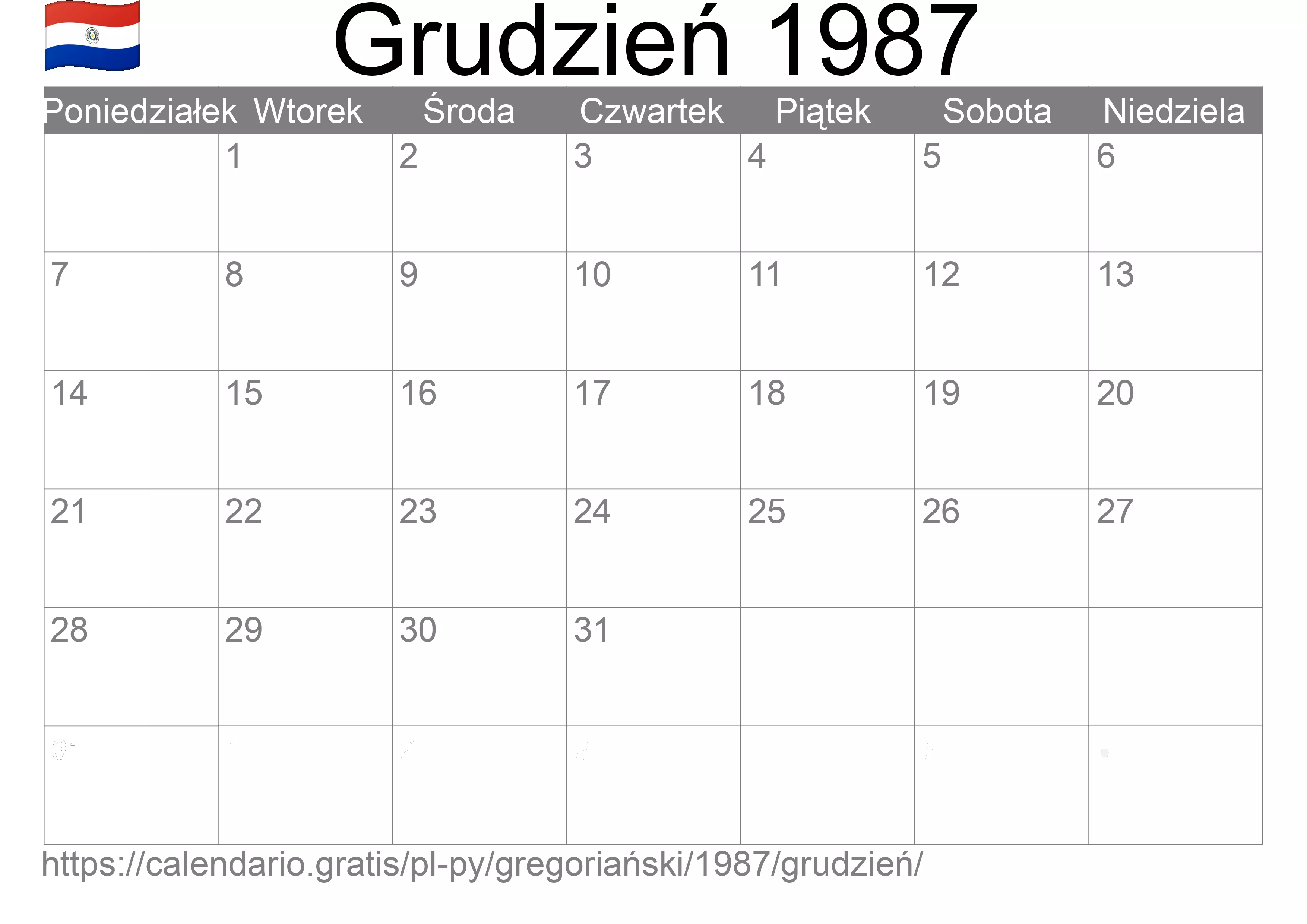 Kalendarz na Grudzień 1987 do druku (Paragwaj) Kalendarz na Grudzień 1987 do druku (Paragwaj)