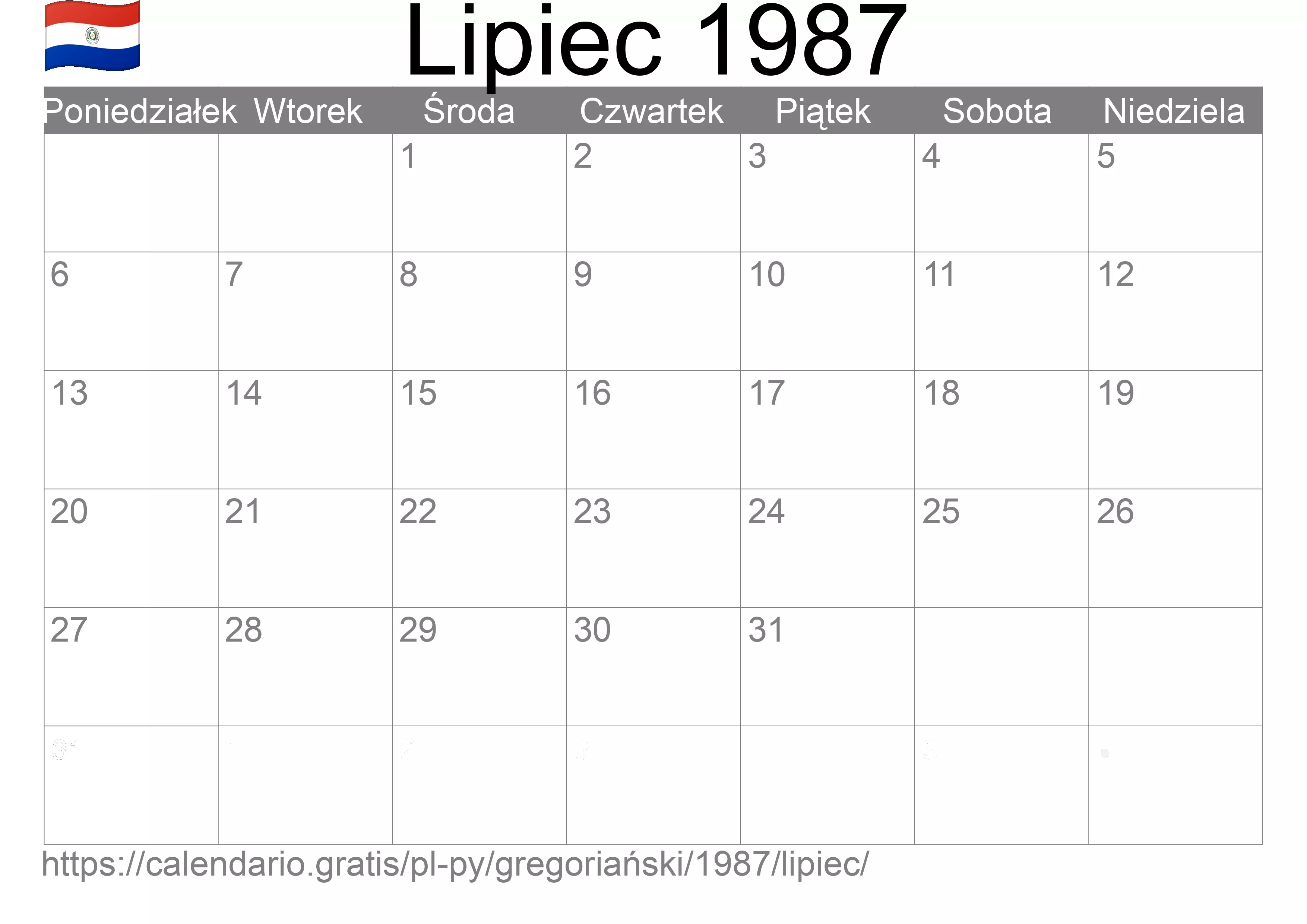 Kalendarz na Lipiec 1987 do druku (Paragwaj) Kalendarz na Lipiec 1987 do druku (Paragwaj)