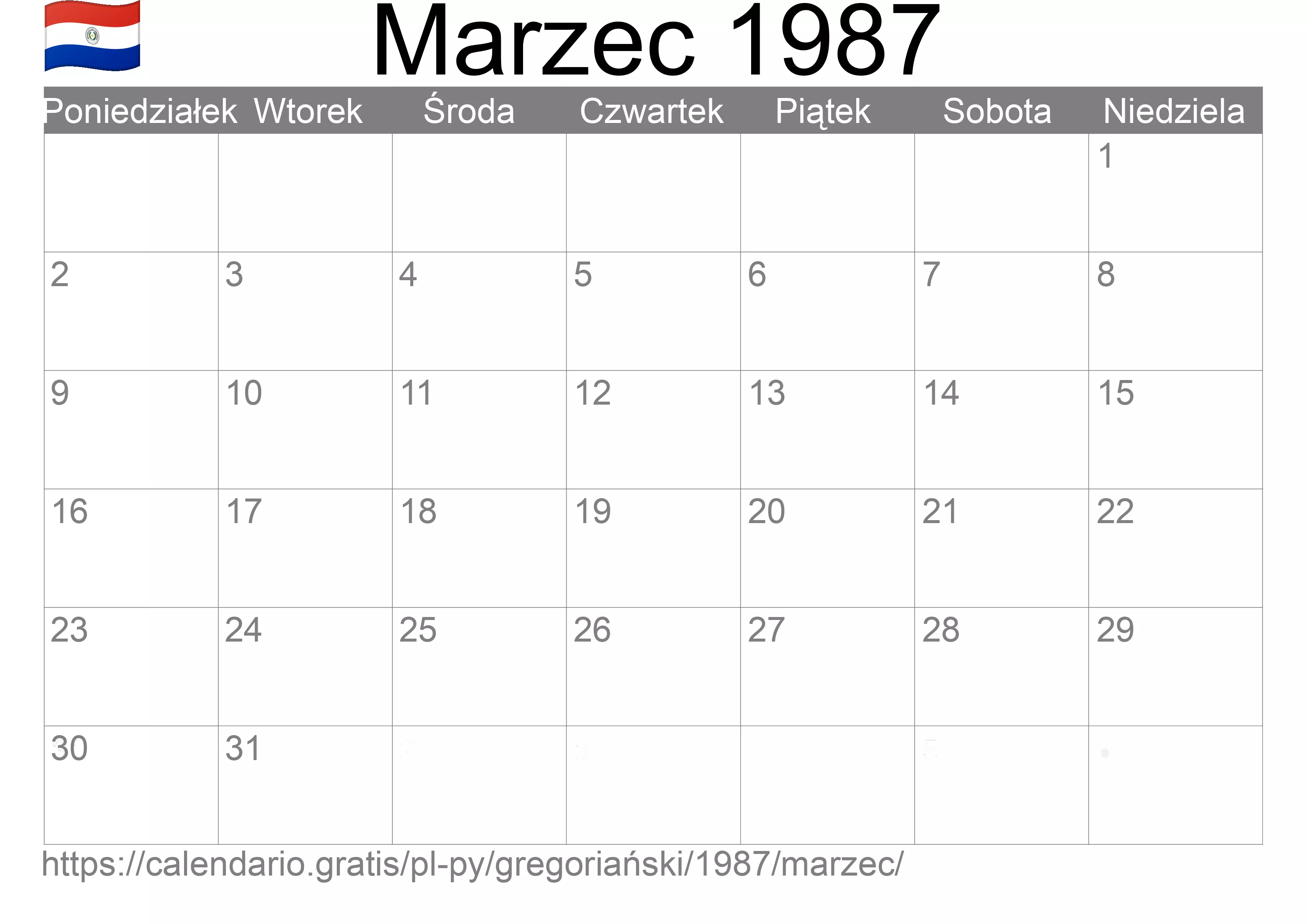 Kalendarz na Marzec 1987 do druku (Paragwaj) Kalendarz na Marzec 1987 do druku (Paragwaj)