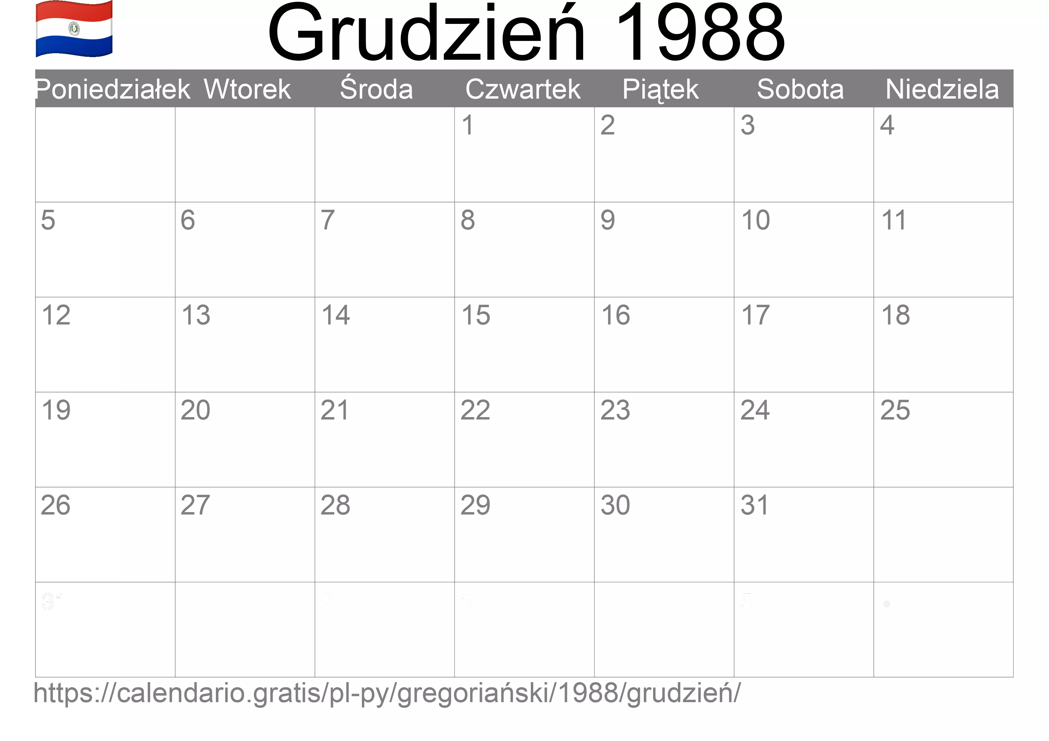Kalendarz na Grudzień 1988 do druku (Paragwaj) Kalendarz na Grudzień 1988 do druku (Paragwaj)