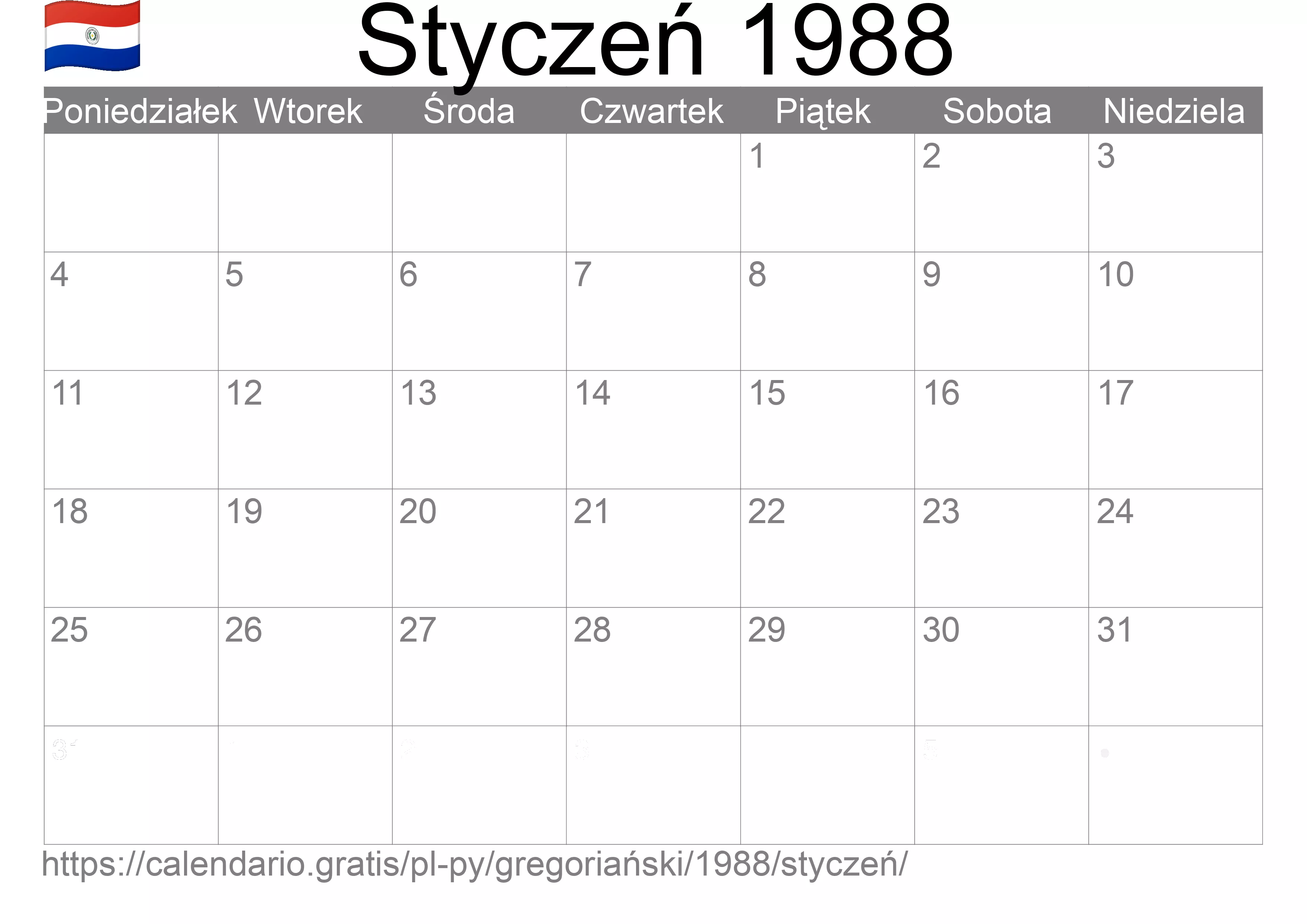 Kalendarz na Styczeń 1988 do druku (Paragwaj) Kalendarz na Styczeń 1988 do druku (Paragwaj)