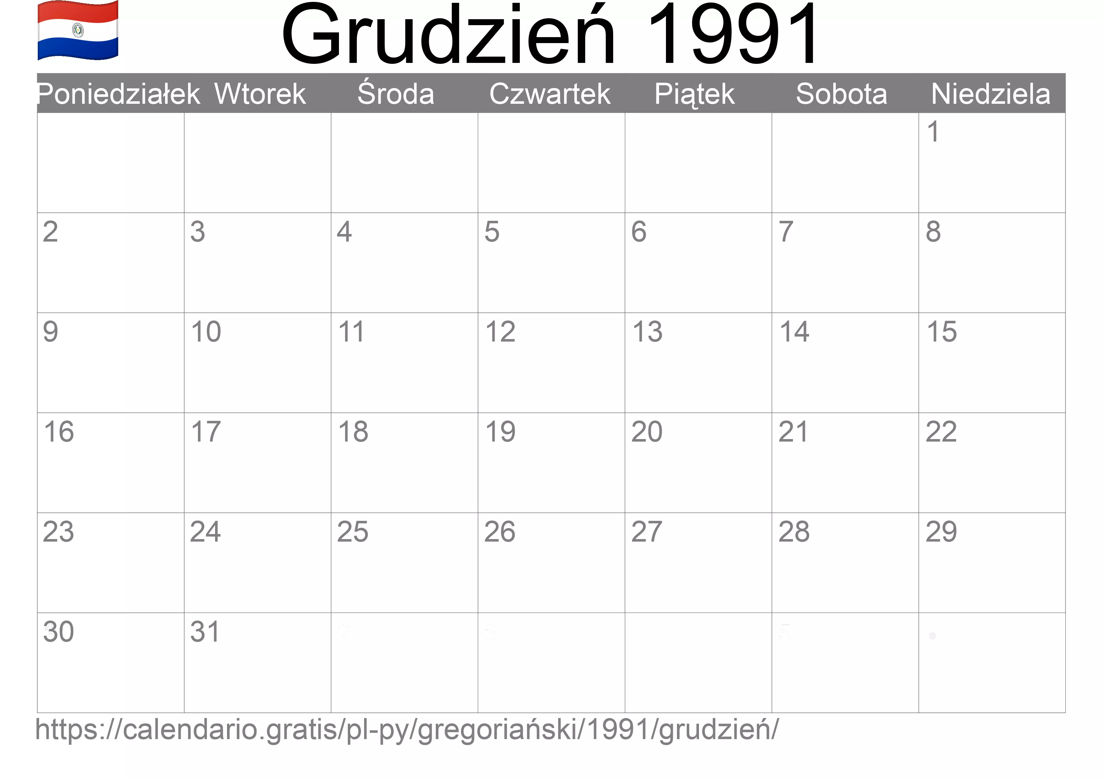 Kalendarz na Grudzień 1991 do druku (Paragwaj) Kalendarz na Grudzień 1991 do druku (Paragwaj)