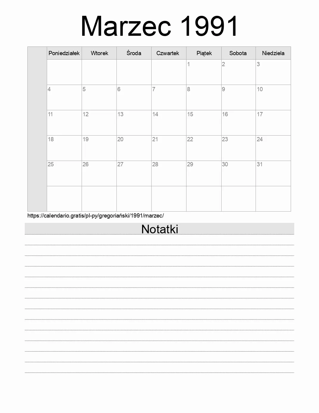 Kalendarz na Marzec 1991 do druku z notatkami. (Paragwaj) Kalendarz na Marzec 1991 do druku z notatkami. (Paragwaj)