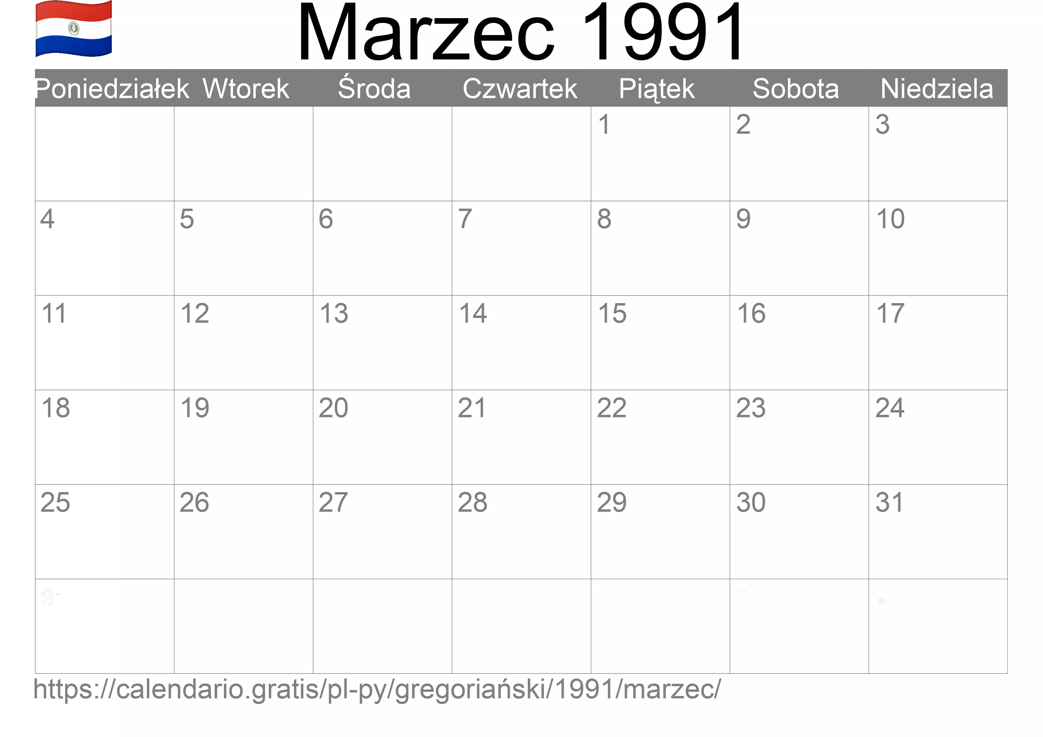 Kalendarz na Marzec 1991 do druku (Paragwaj) Kalendarz na Marzec 1991 do druku (Paragwaj)