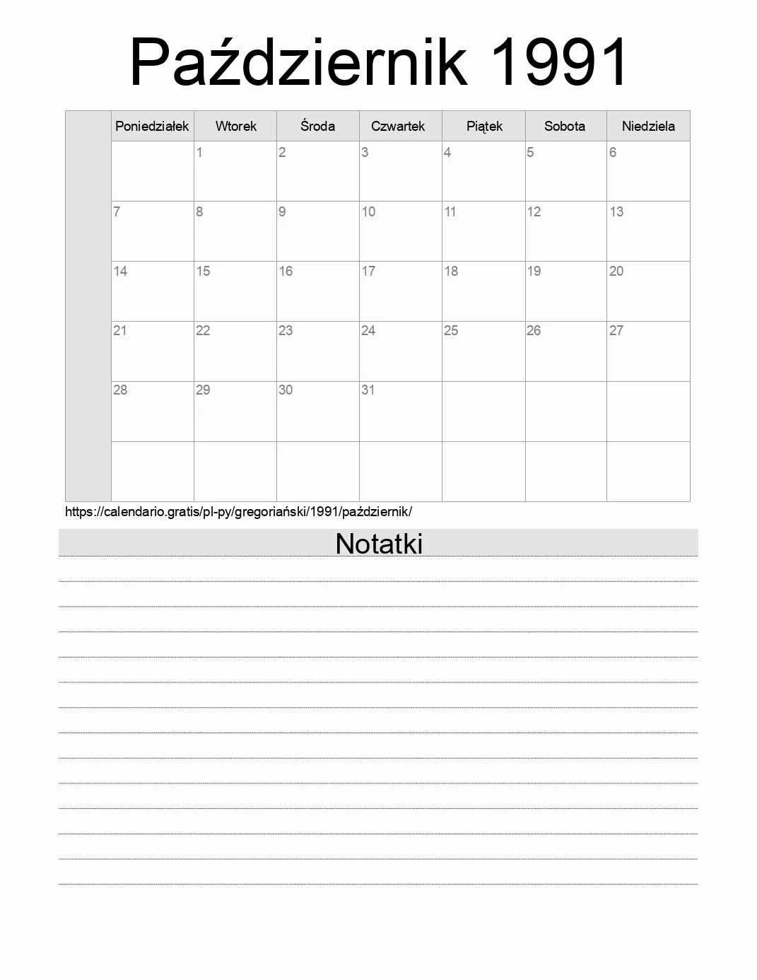 Kalendarz na Październik 1991 do druku z notatkami. (Paragwaj) Kalendarz na Październik 1991 do druku z notatkami. (Paragwaj)