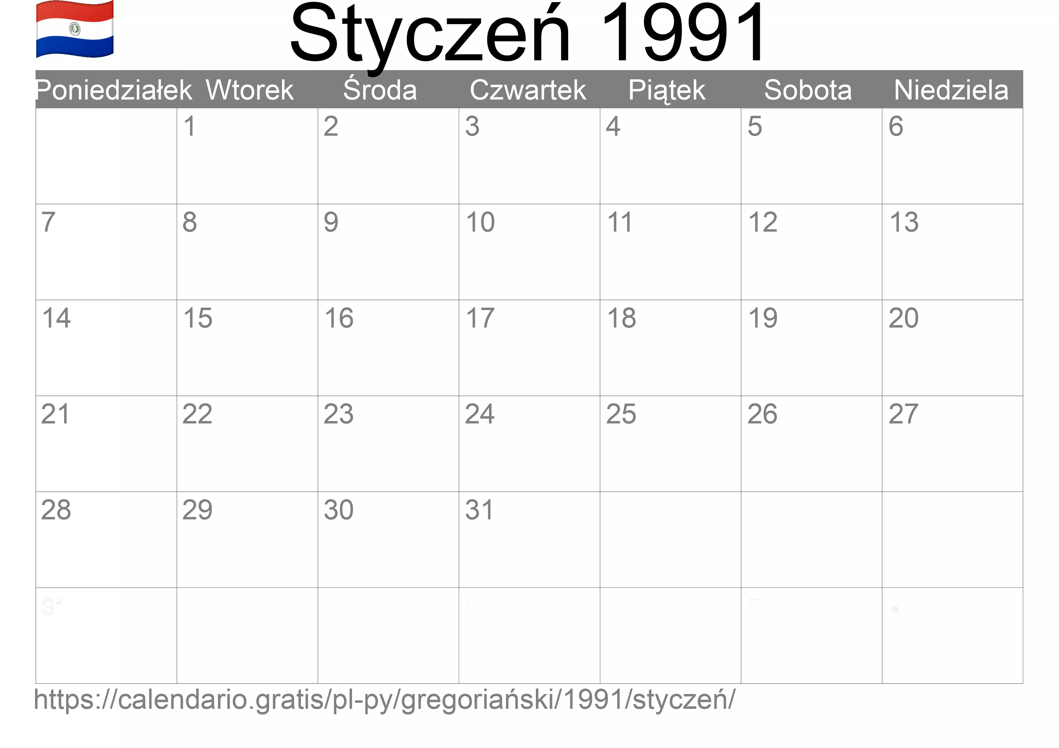 Kalendarz na Styczeń 1991 do druku (Paragwaj) Kalendarz na Styczeń 1991 do druku (Paragwaj)