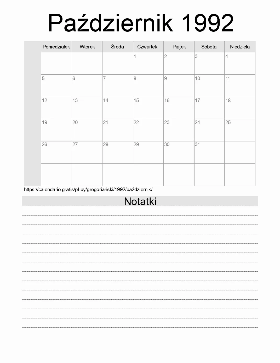 Kalendarz na Październik 1992 do druku z notatkami. (Paragwaj) Kalendarz na Październik 1992 do druku z notatkami. (Paragwaj)